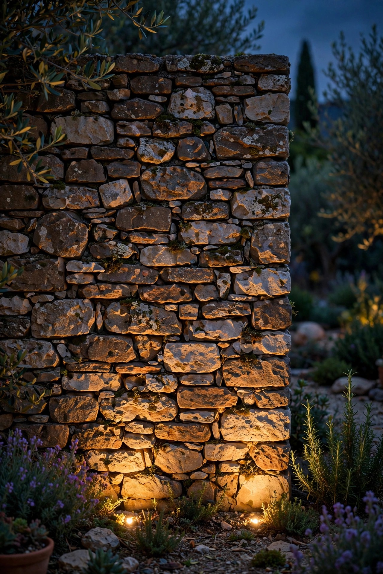 Warm light grazing up a dry-stacked stone wall in a Mediterranean garden at night