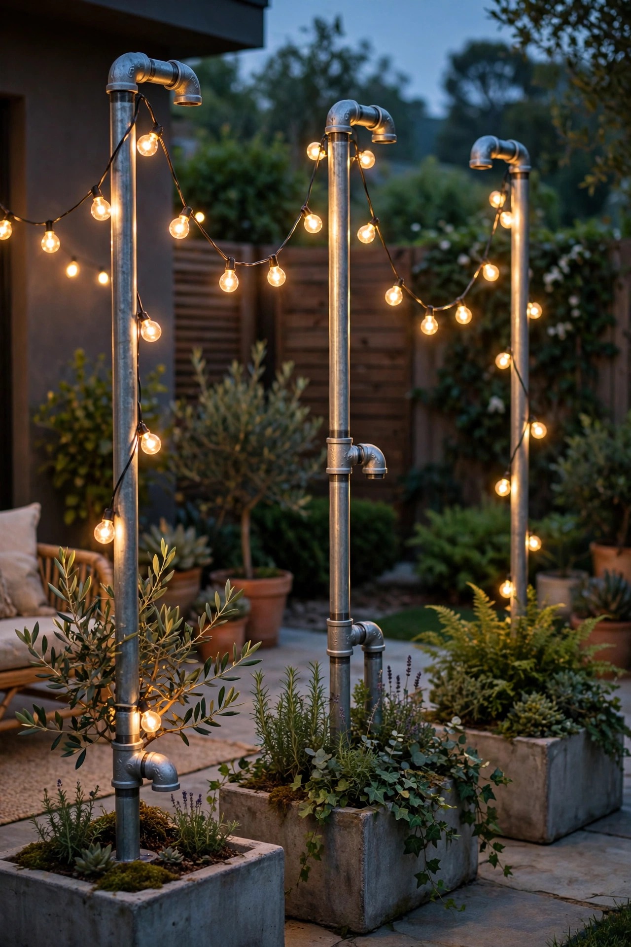 Galvanized pipe poles in planter bases holding swags of warm string lights over a patio