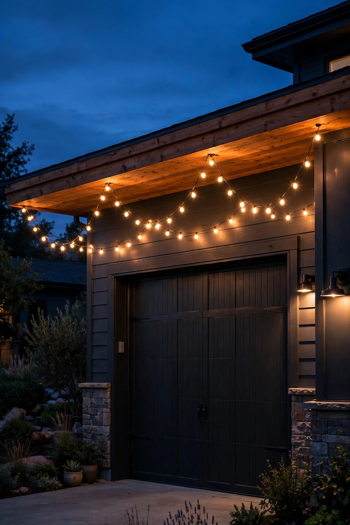 Warm string lights swagged in gentle curves across a garage eave above the door at twilight