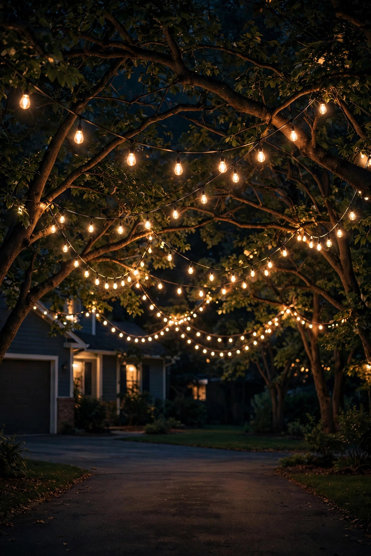 Warm string lights draped through trees arching over a driveway at night