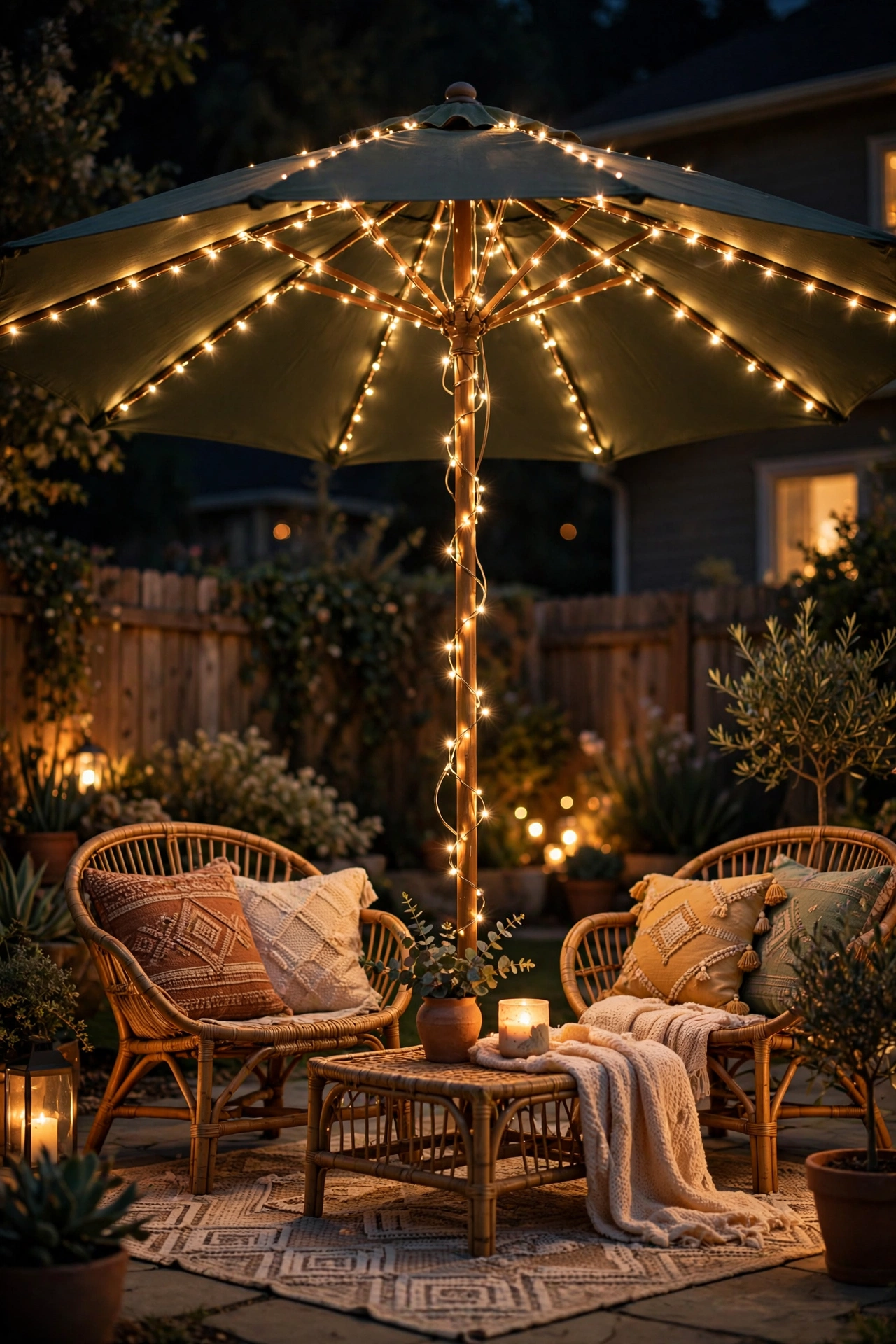 Fairy lights spiraled around a patio umbrella pole and canopy ribs glowing at night