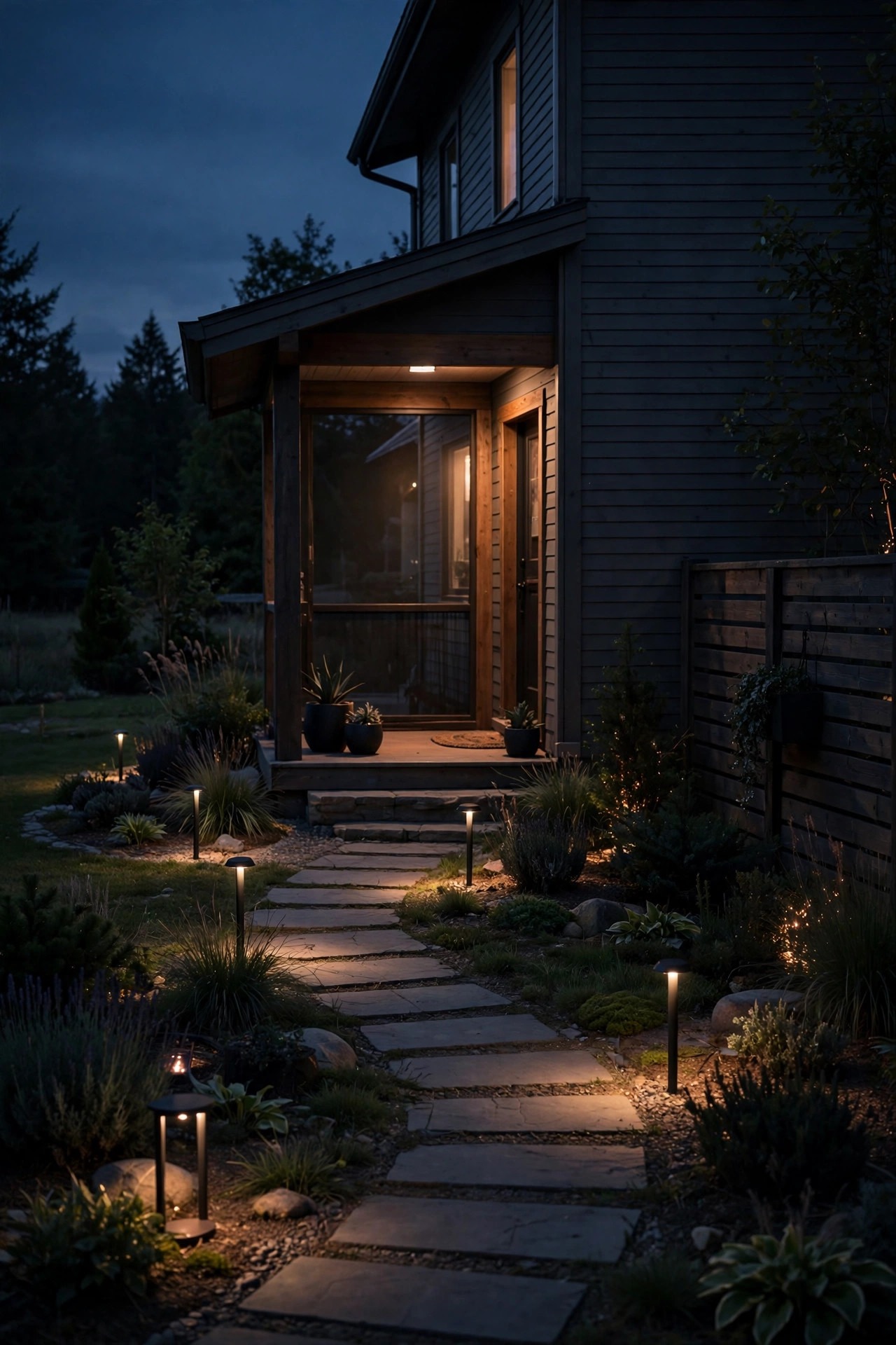 Yard at late evening with color changing smart outdoor lights faded down to a soft warm glow on a bedtime schedule