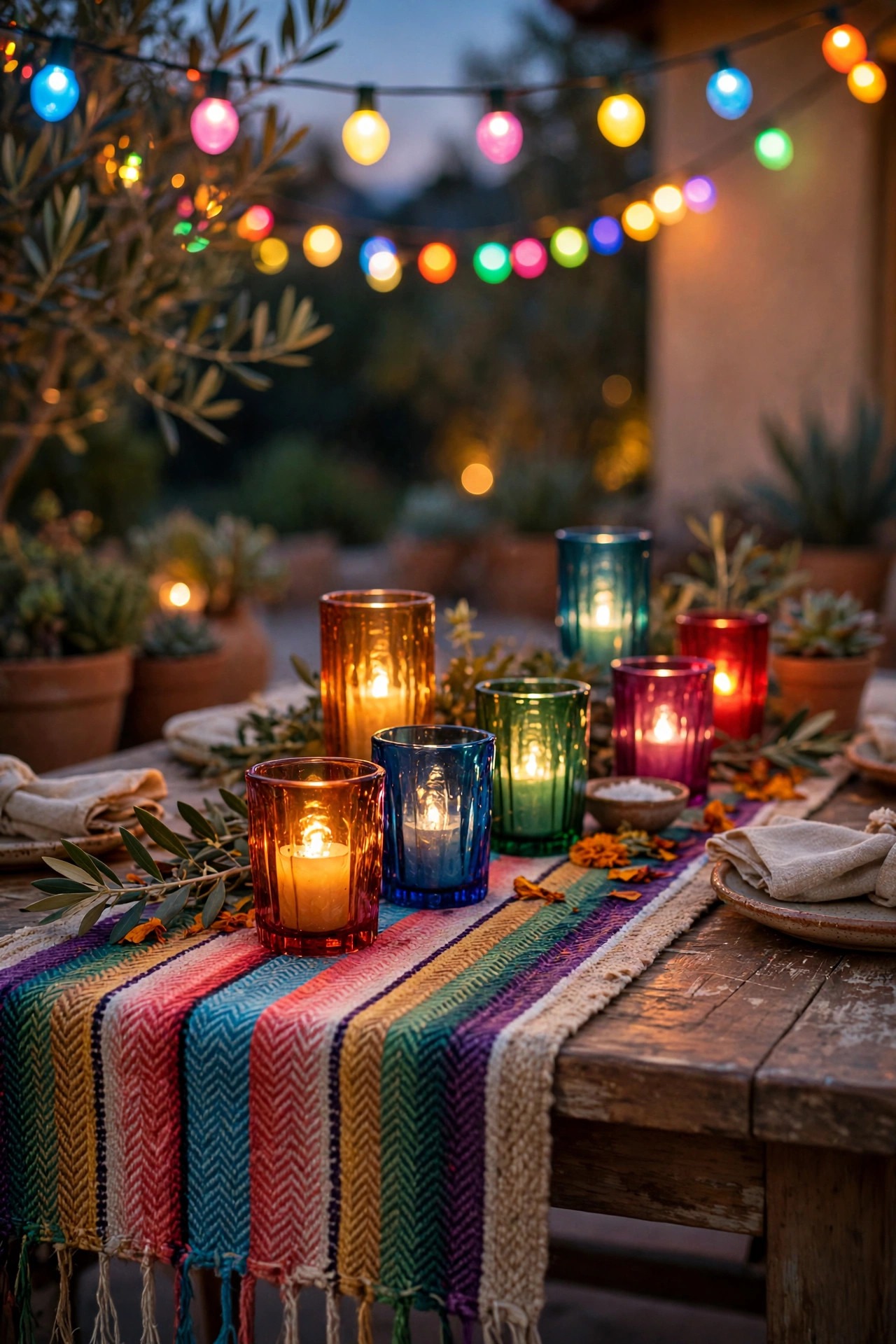 Flameless candles in colored glass holders glowing along a striped woven runner on a fiesta dining table