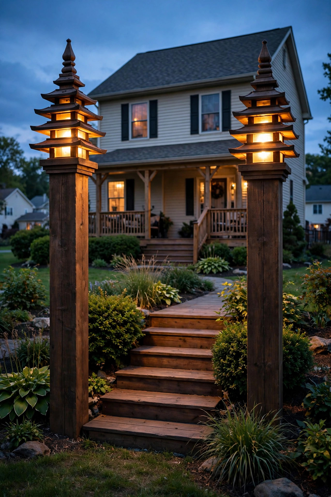 Tall pillar-style post cap lights flanking deck entry steps, glowing warmly at dusk