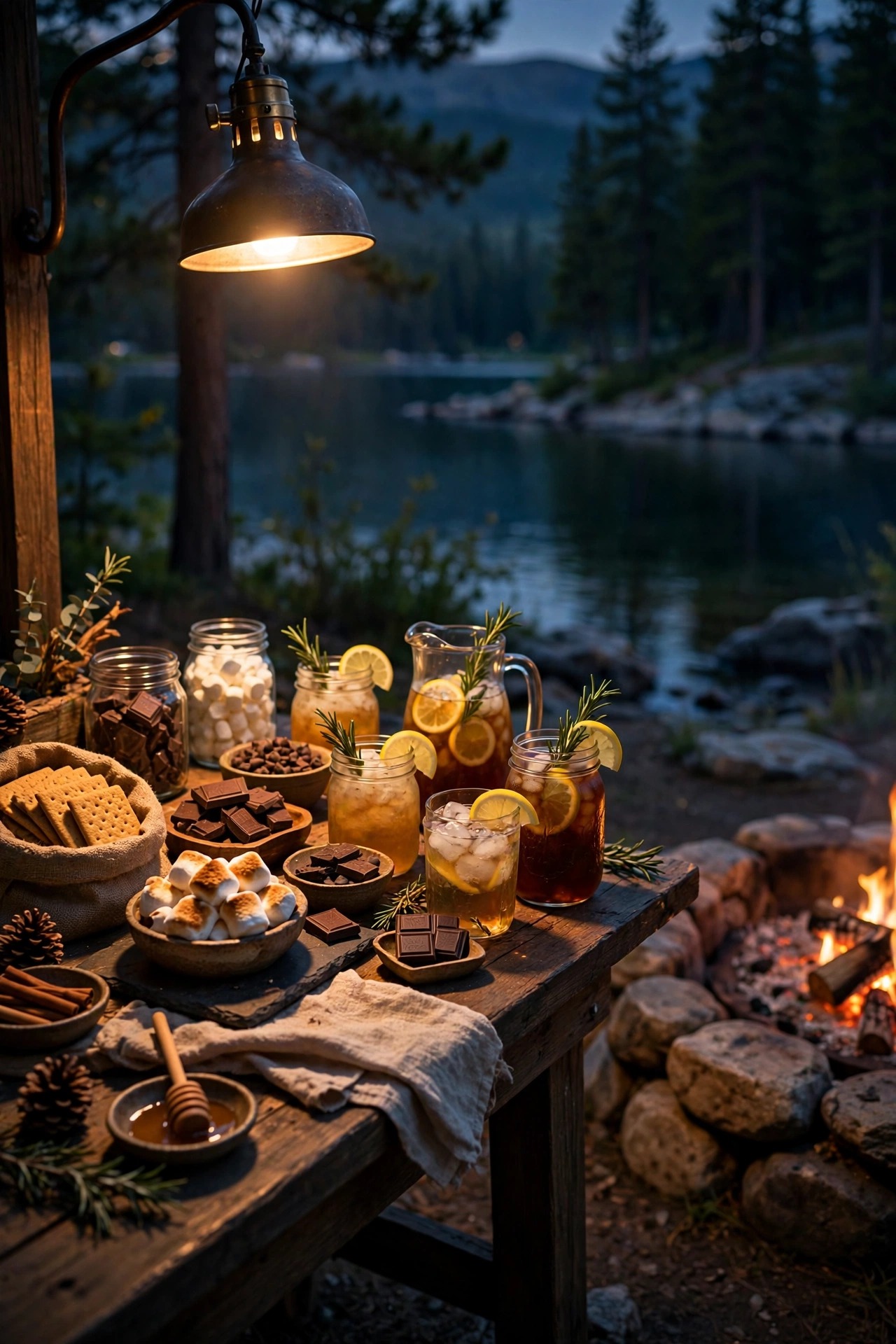 Focused warm task light over a rustic s'mores and drinks station table beside a lakeside fire pit at night