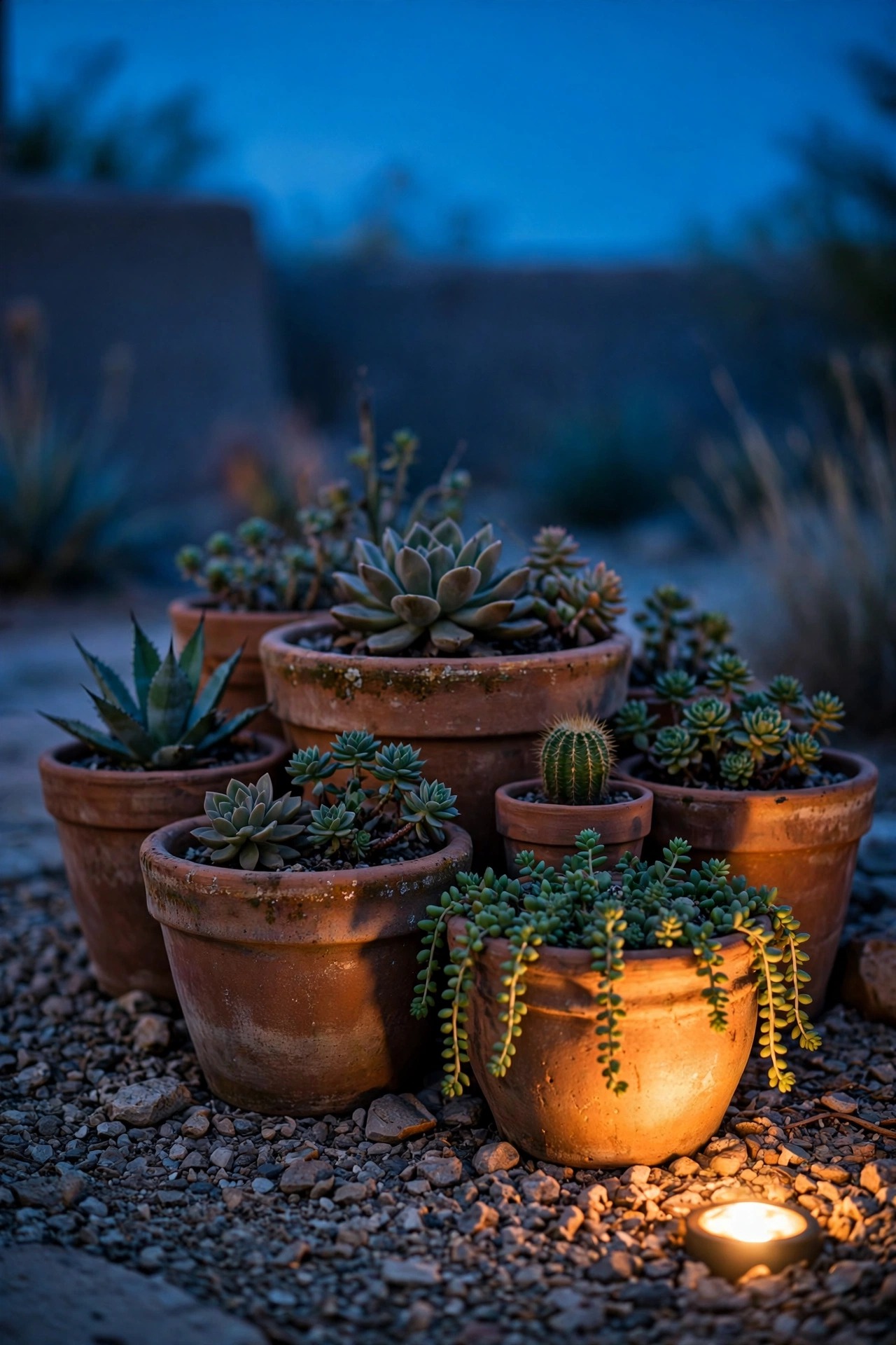 Cluster of terra-cotta pots with desert plants at dusk, one warm uplight glowing on the clay rims beside a gravel bed
