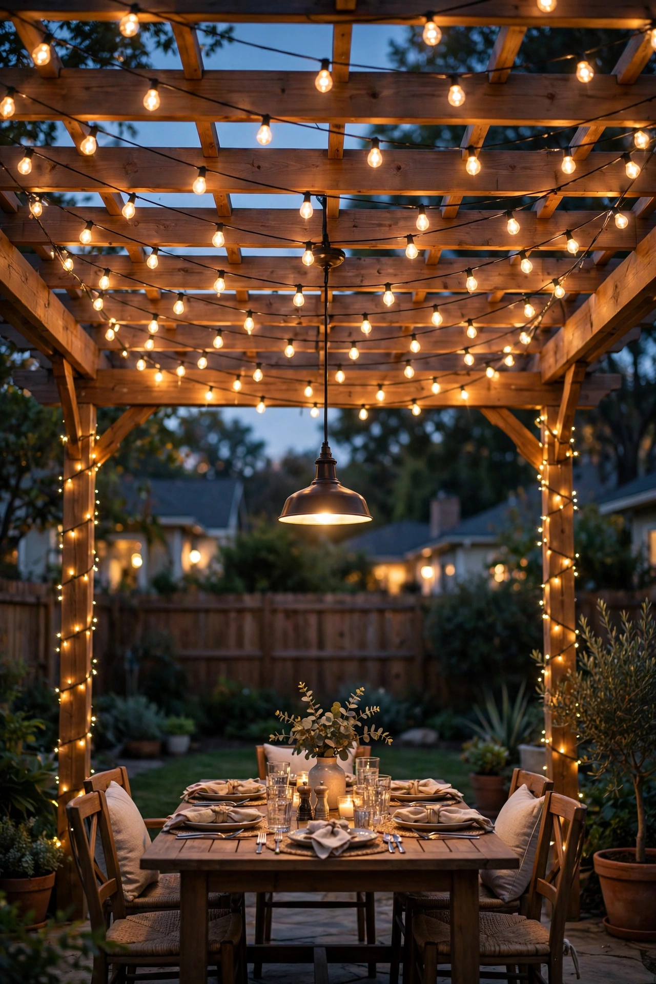 Pergola showing three lighting layers — canopy glow, pendant task light, and accent fairy lights