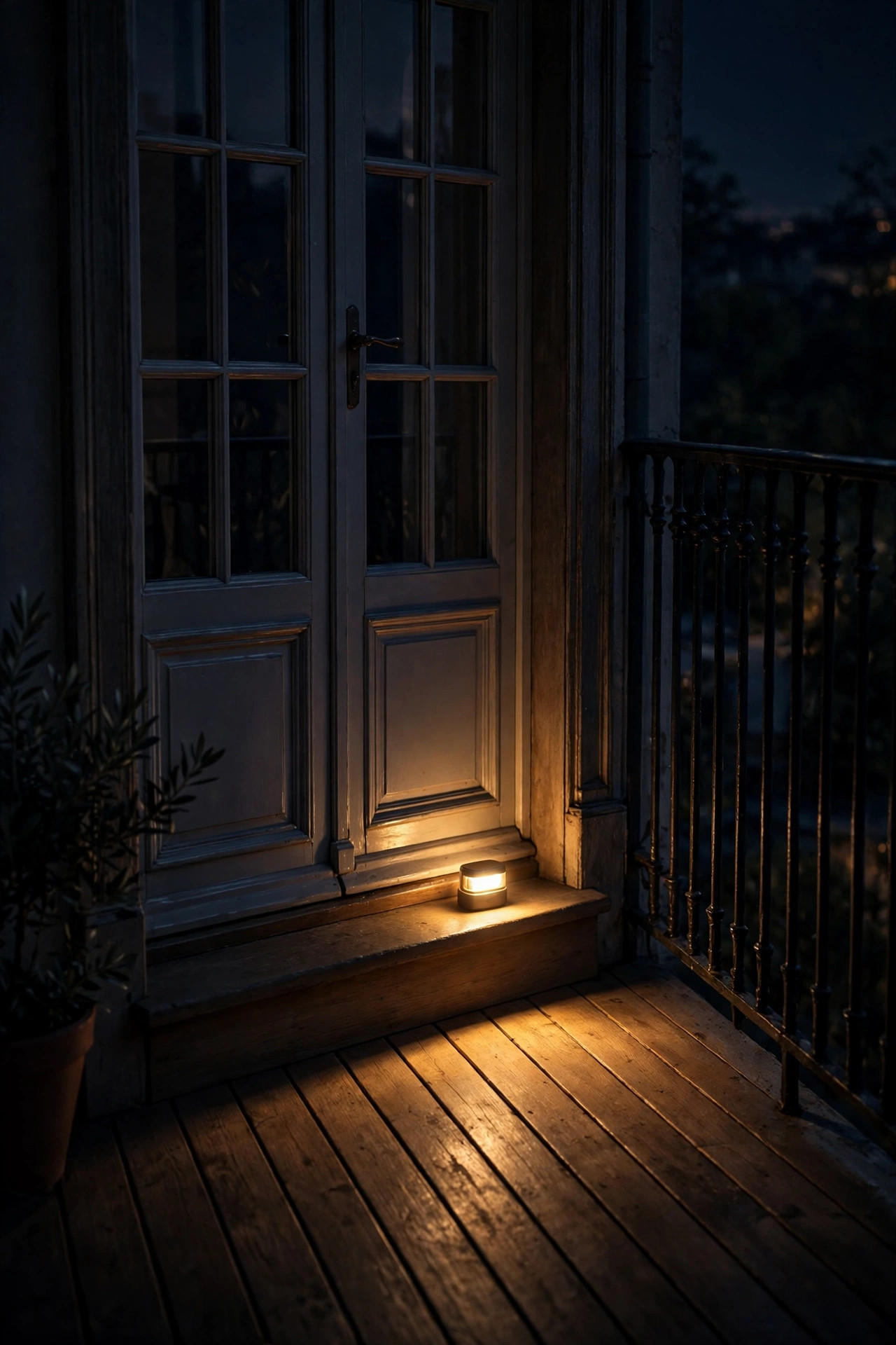 Small warm motion-sensor step light glowing low beside a French door threshold on a balcony at night