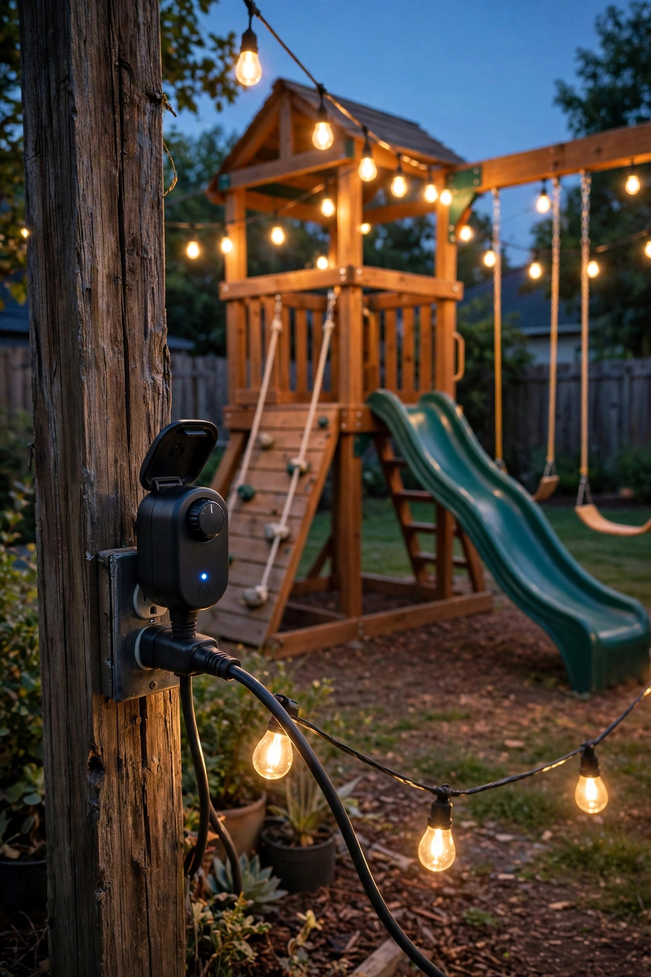 Outdoor smart plug and timer controlling backyard playset lights at dusk