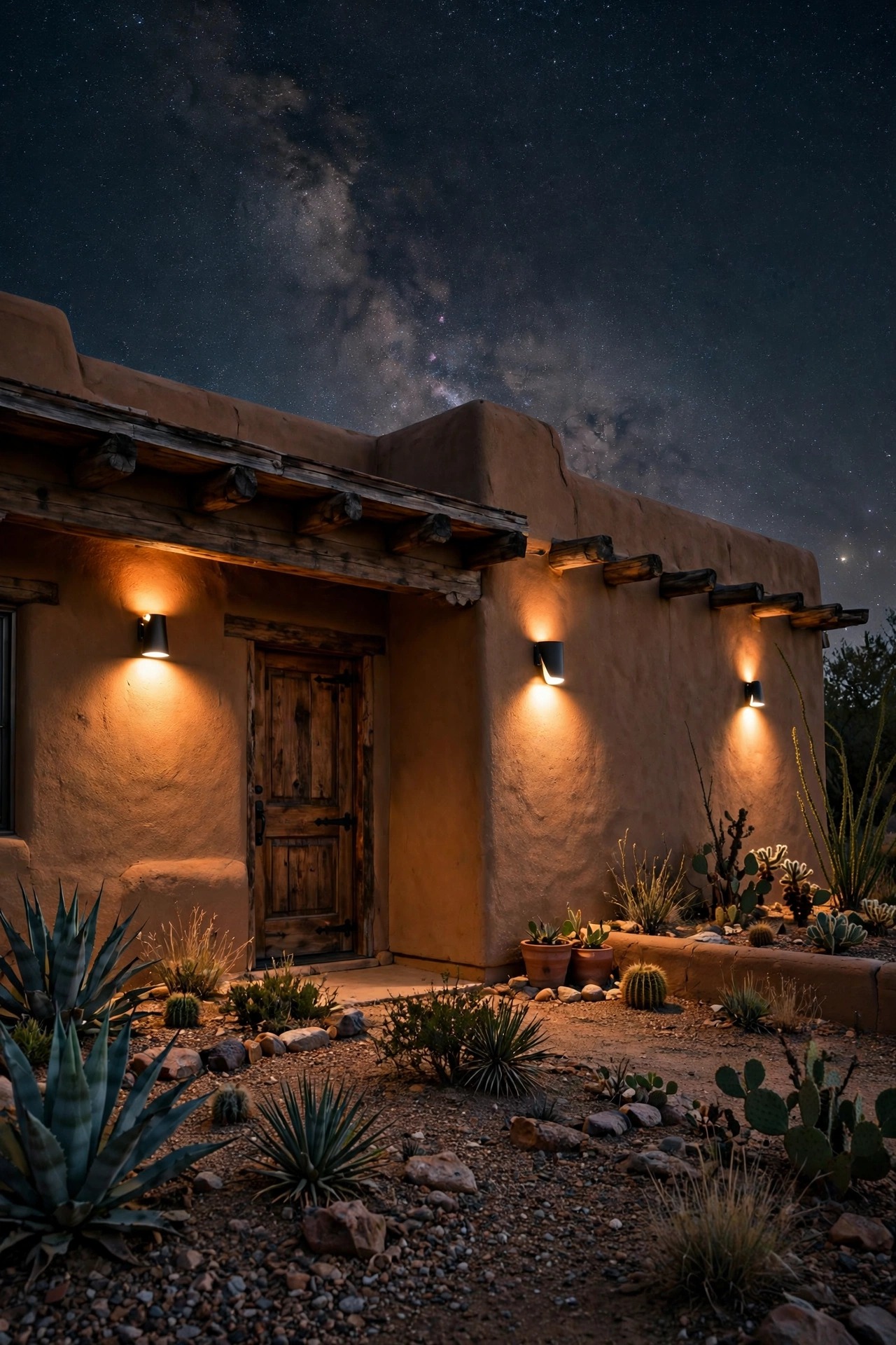 Southwestern front yard at night with shielded warm lights aimed downward, brilliant star-filled dark sky above an adobe home