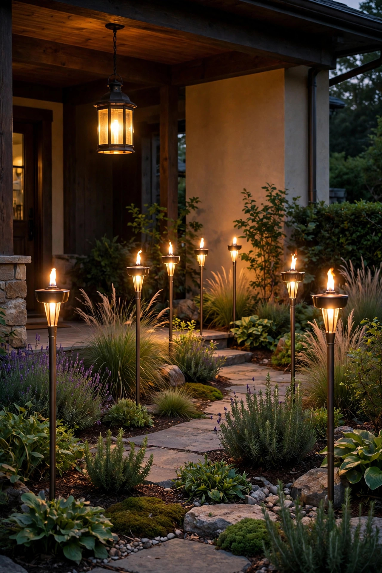 Tall torch-style path lights washing over garden plantings with a hanging lantern pendant over the porch