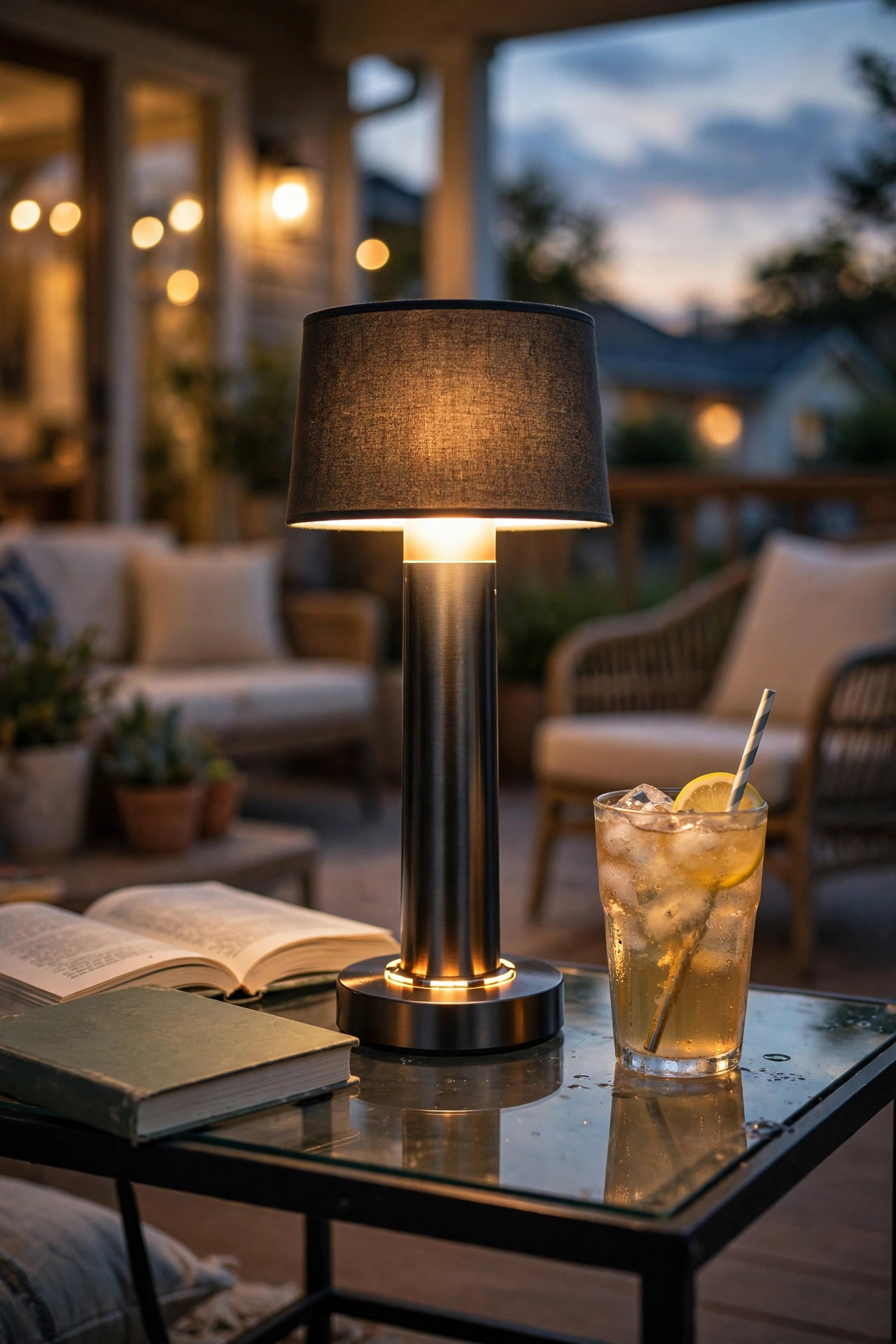 Touch-control dimmable outdoor table lamp with adjustable warm light on a patio table