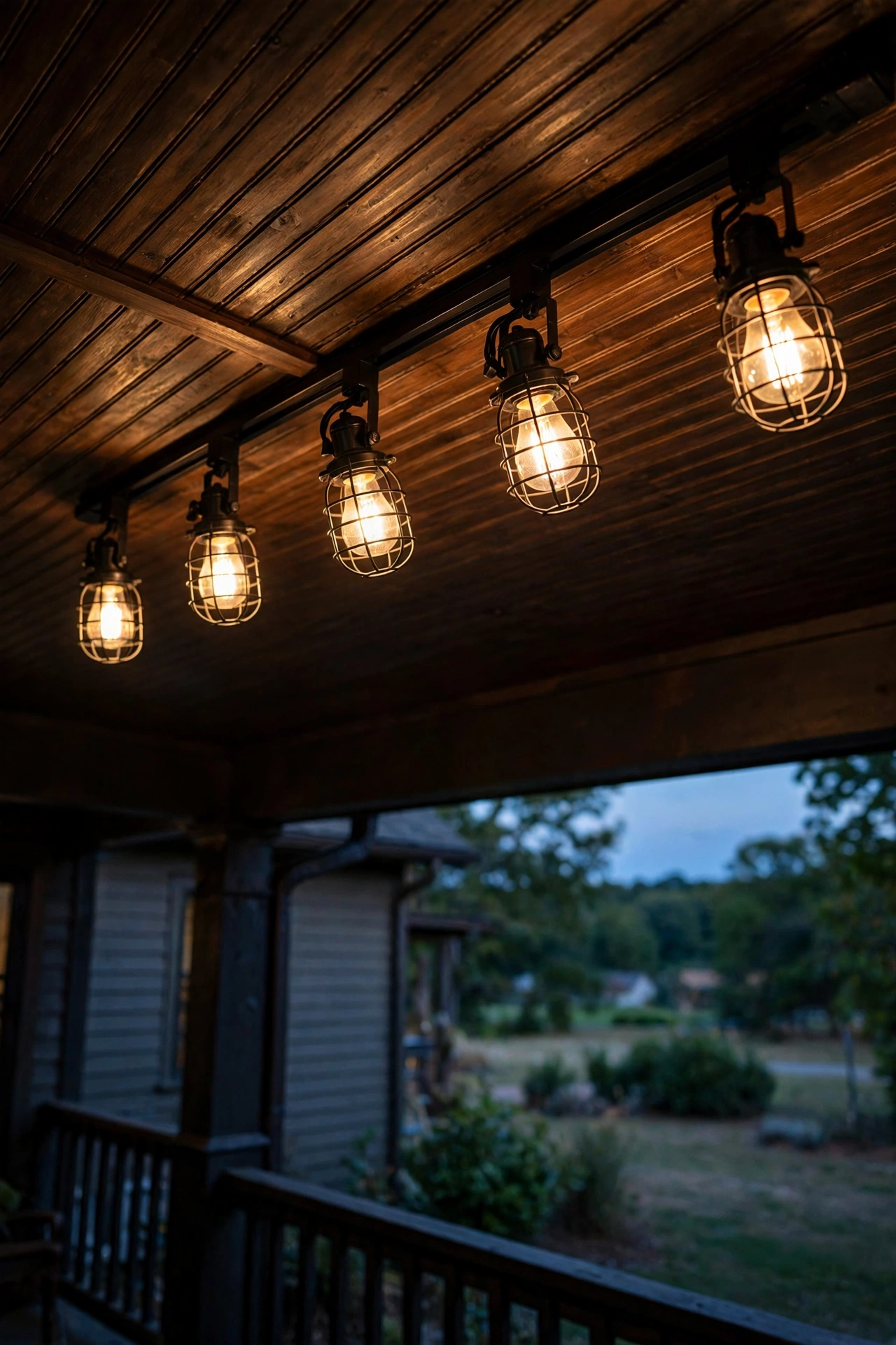 Black track rail with adjustable caged heads mounted on a covered porch ceiling