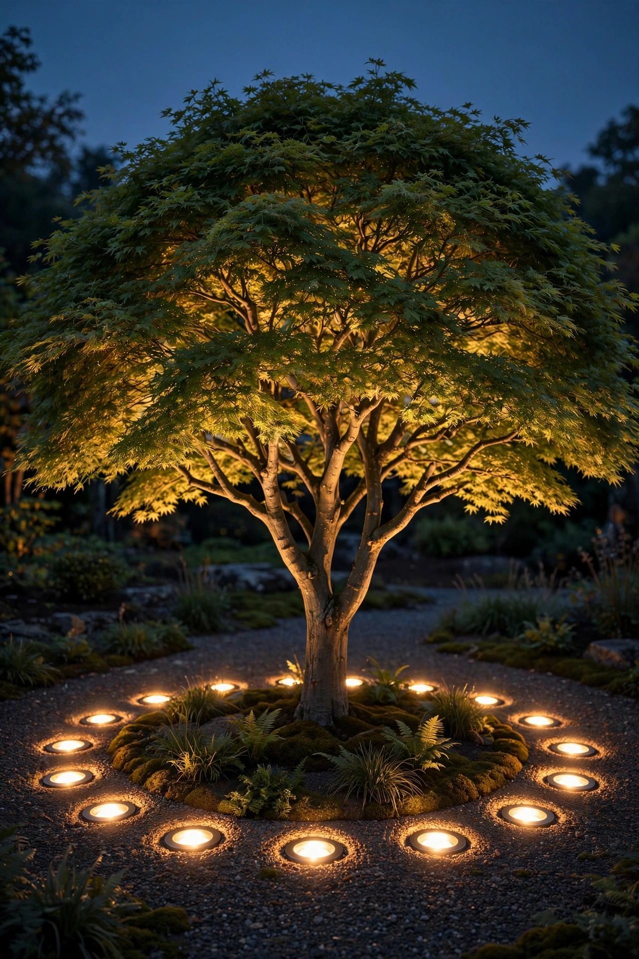 Symmetrical ring of recessed well lights evenly illuminating a specimen tree canopy from all sides