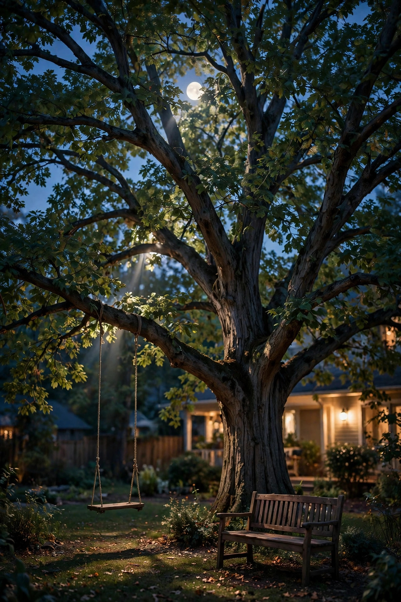 Large backyard tree at dusk with soft moonlighting filtering through branches onto a swing and bench below