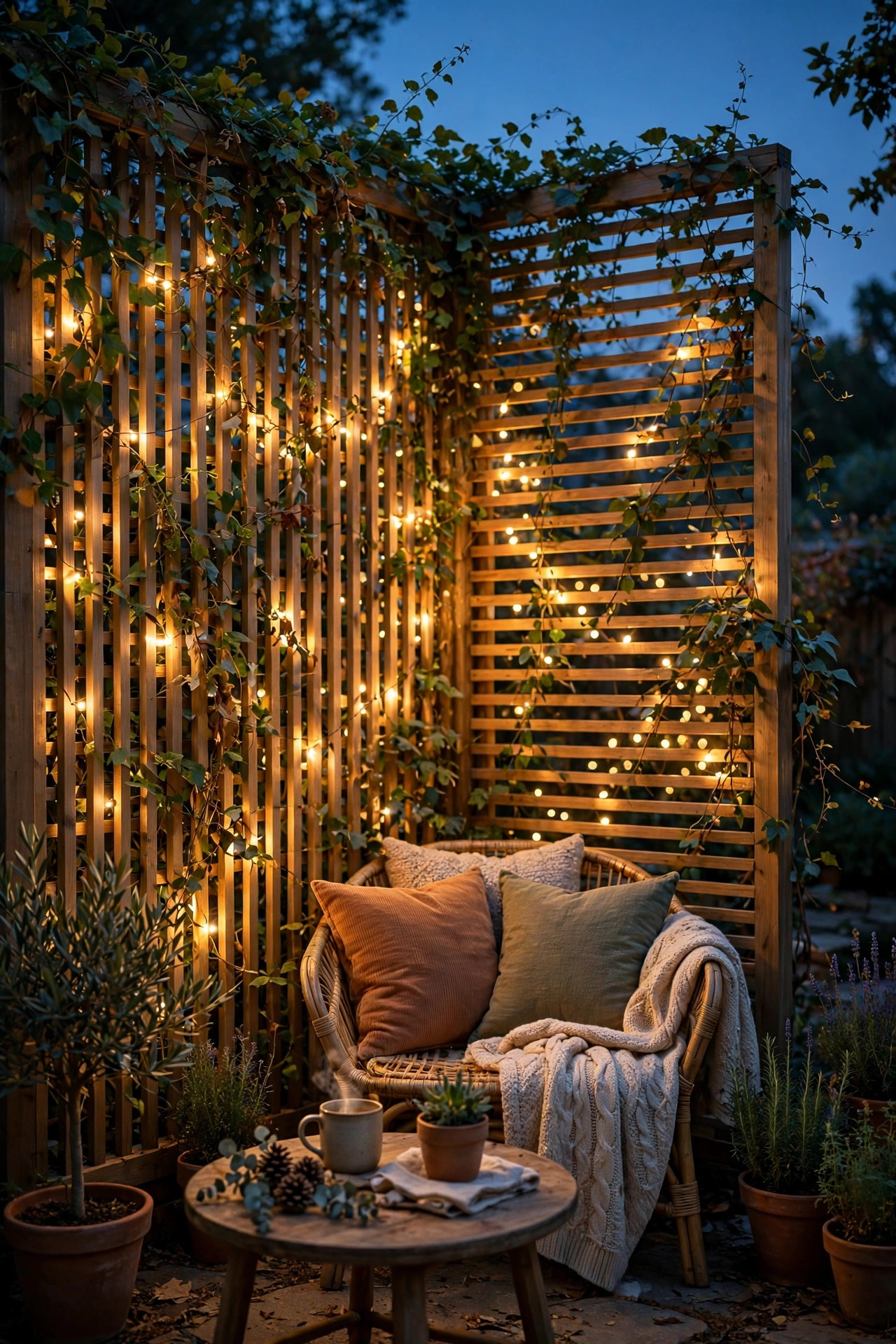 Slatted privacy trellis backlit by warm fairy lights with climbing vines in a cozy backyard seating corner at dusk