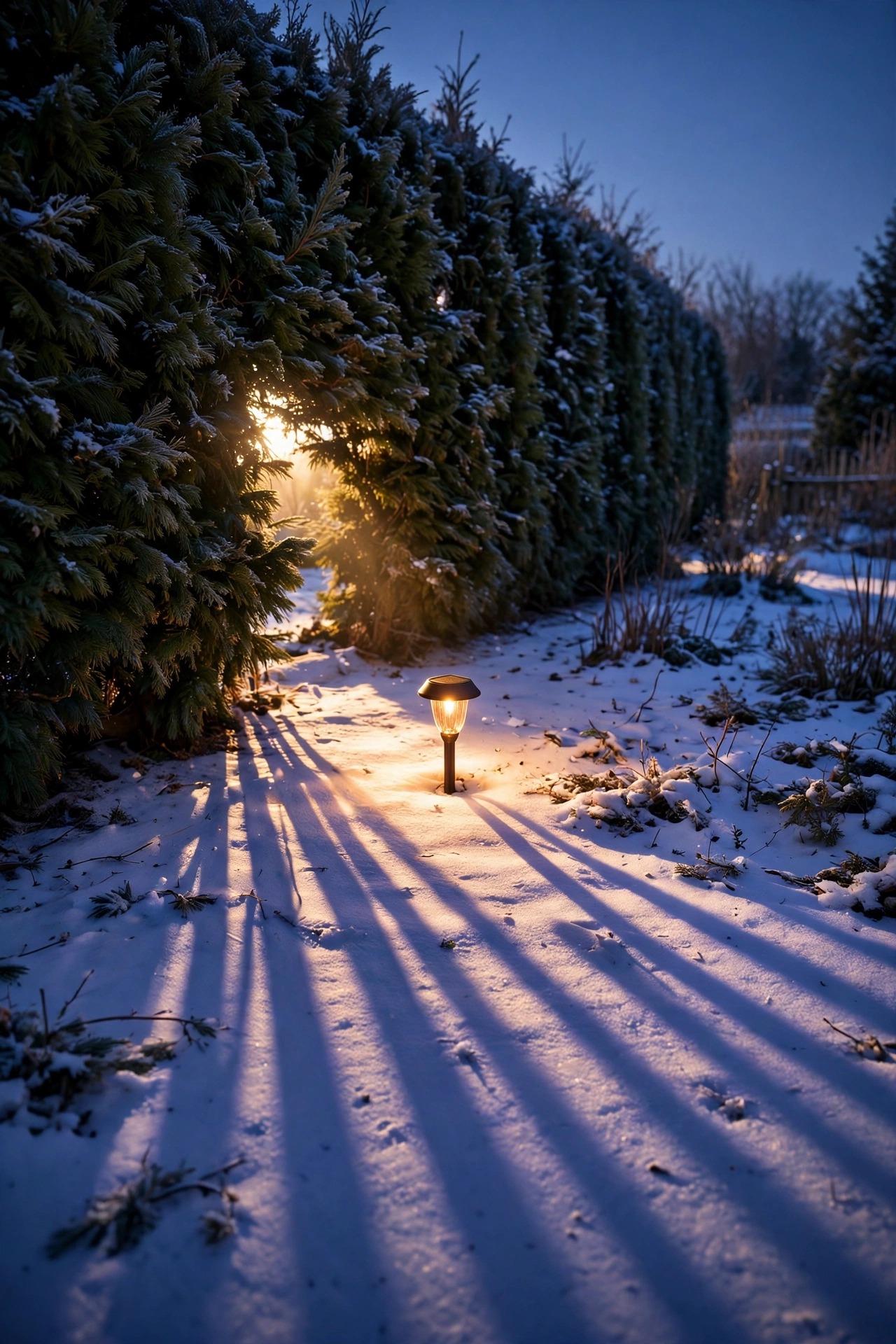 Long winter shadows from an evergreen hedge stretching across a snowy garden, with one solar light moved into a bright sunny gap glowing at dusk