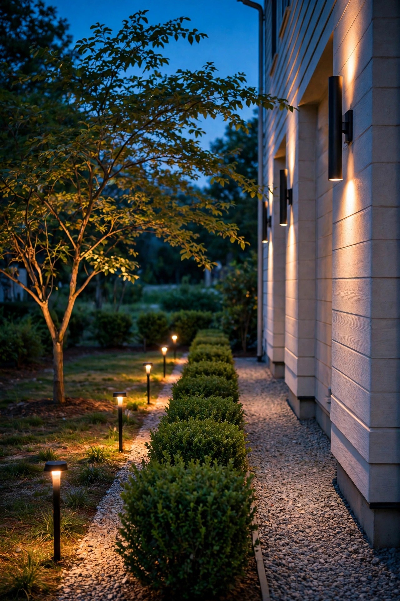 Neatly trimmed shrubs and a gravel strip along a house wall in a side yard at dusk, open sightlines under a small tree with warm light along the path