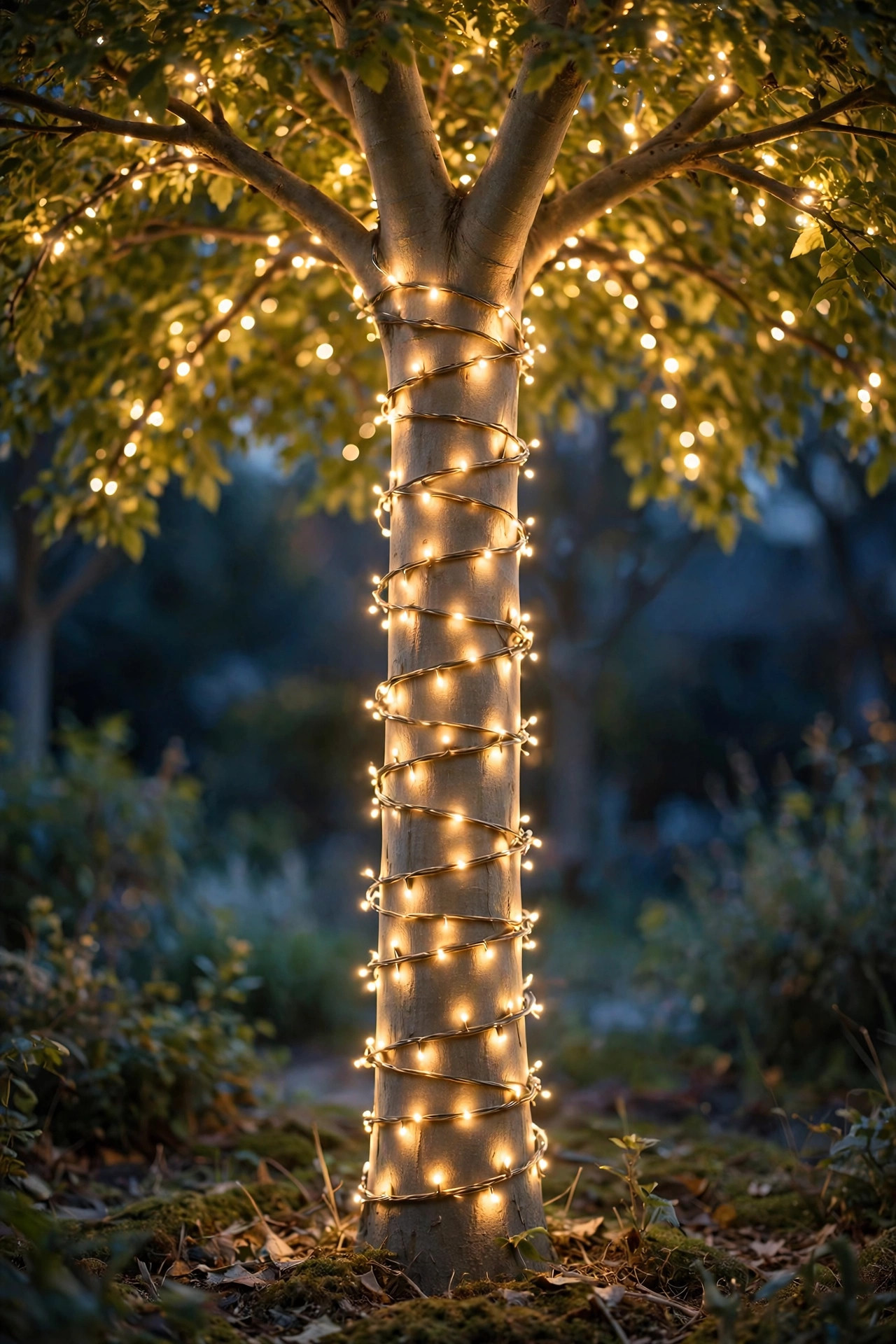 Smooth tree trunk tightly wrapped in warm white lights with a soft glowing canopy above
