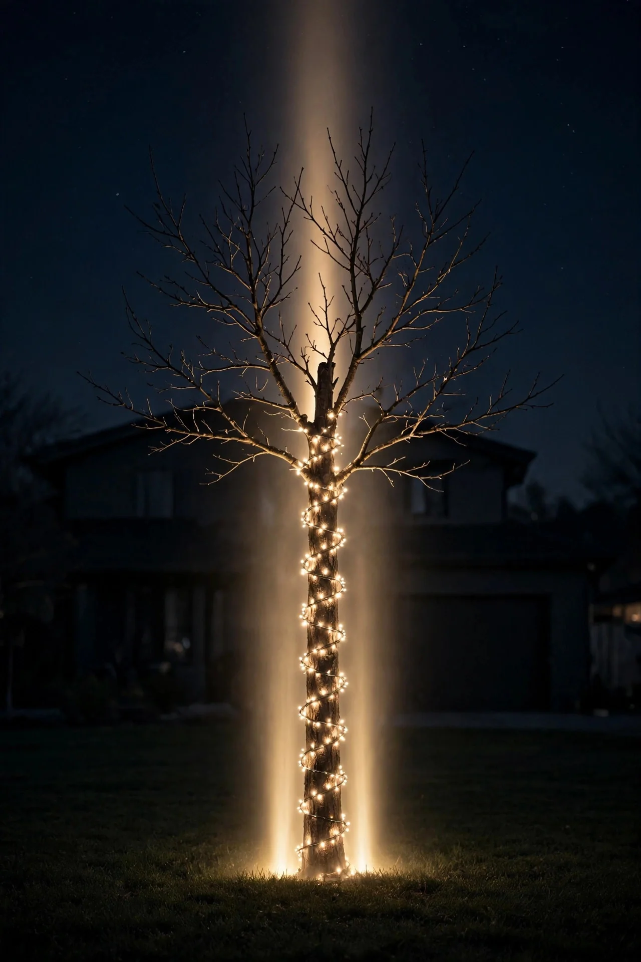 Single tree trunk wrapped in a spiral of warm-white lights with bare branches against night sky