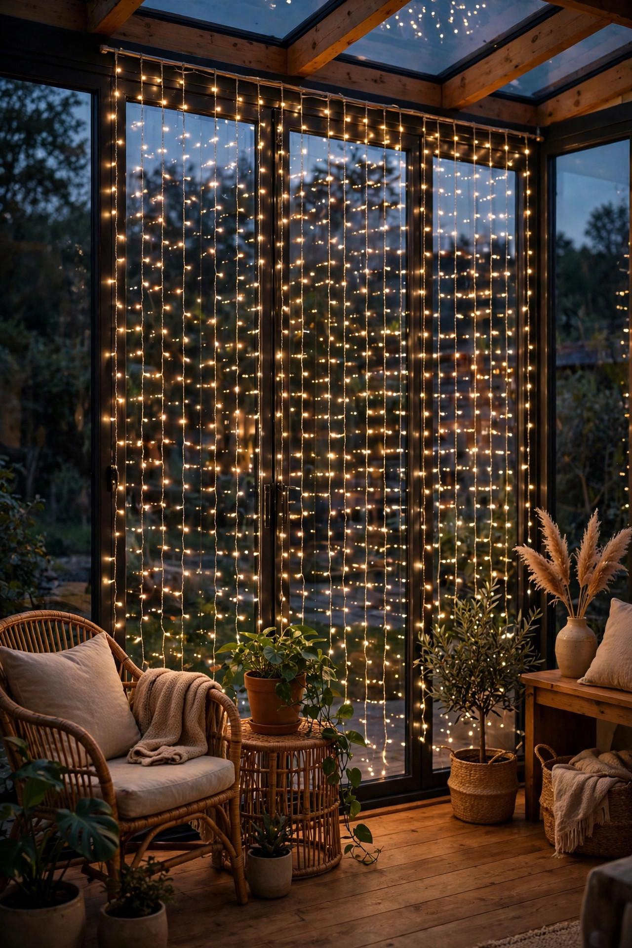 Twinkle light curtain draped across one glass wall of a sunroom at night