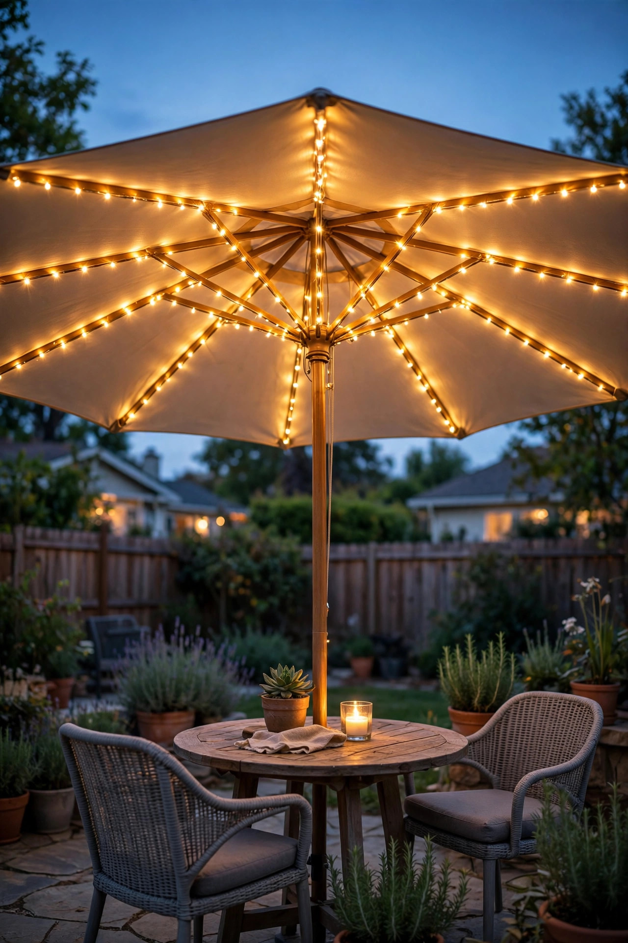Patio umbrella wrapped with fairy lights glowing over outdoor chairs at dusk