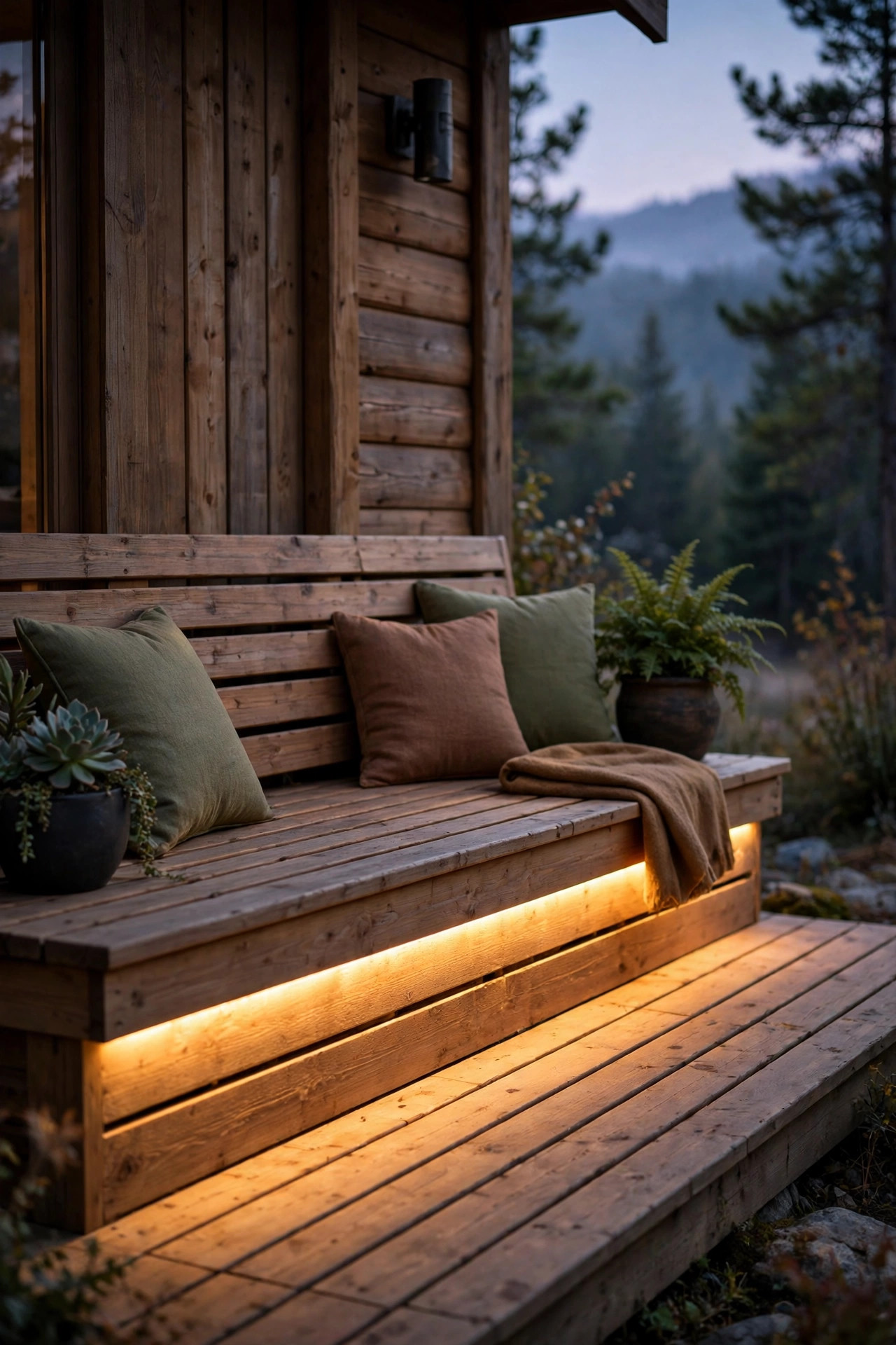 Warm LED strip light glowing beneath built-in bench seating on a cabin deck