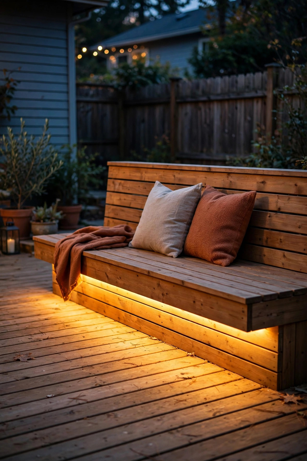 Built-in deck bench glowing underneath with hidden LED strip appearing to float above deck boards