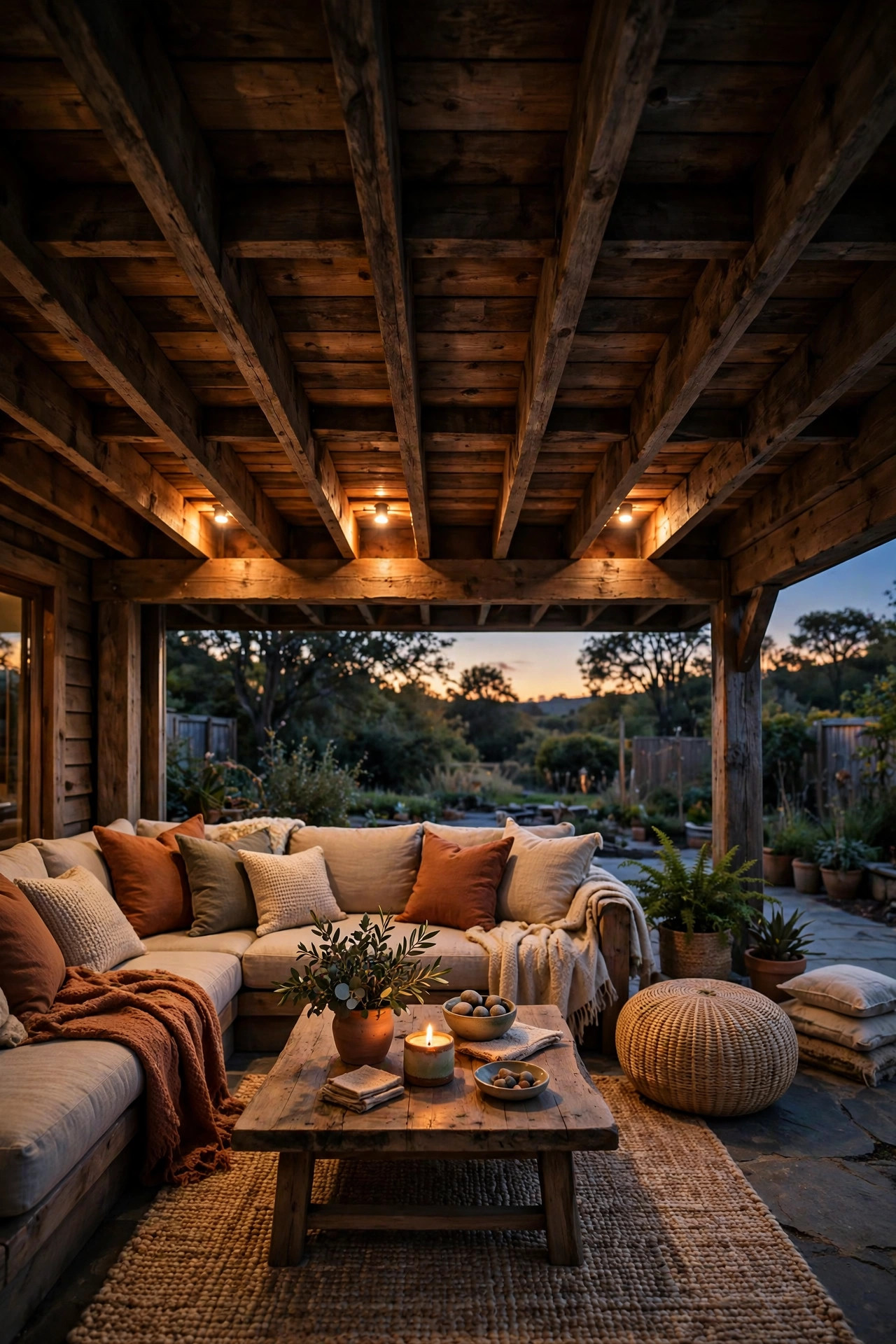 Cozy under-deck lounge beneath an upper tier, lit by warm ceiling fixtures between the joists