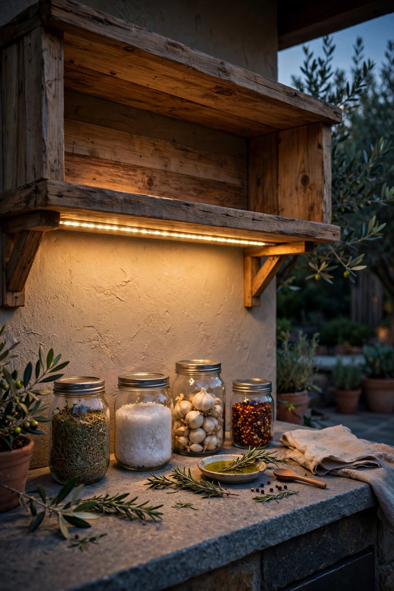 LED strip under an open wooden shelf in an outdoor kitchen lighting jars and the counter below