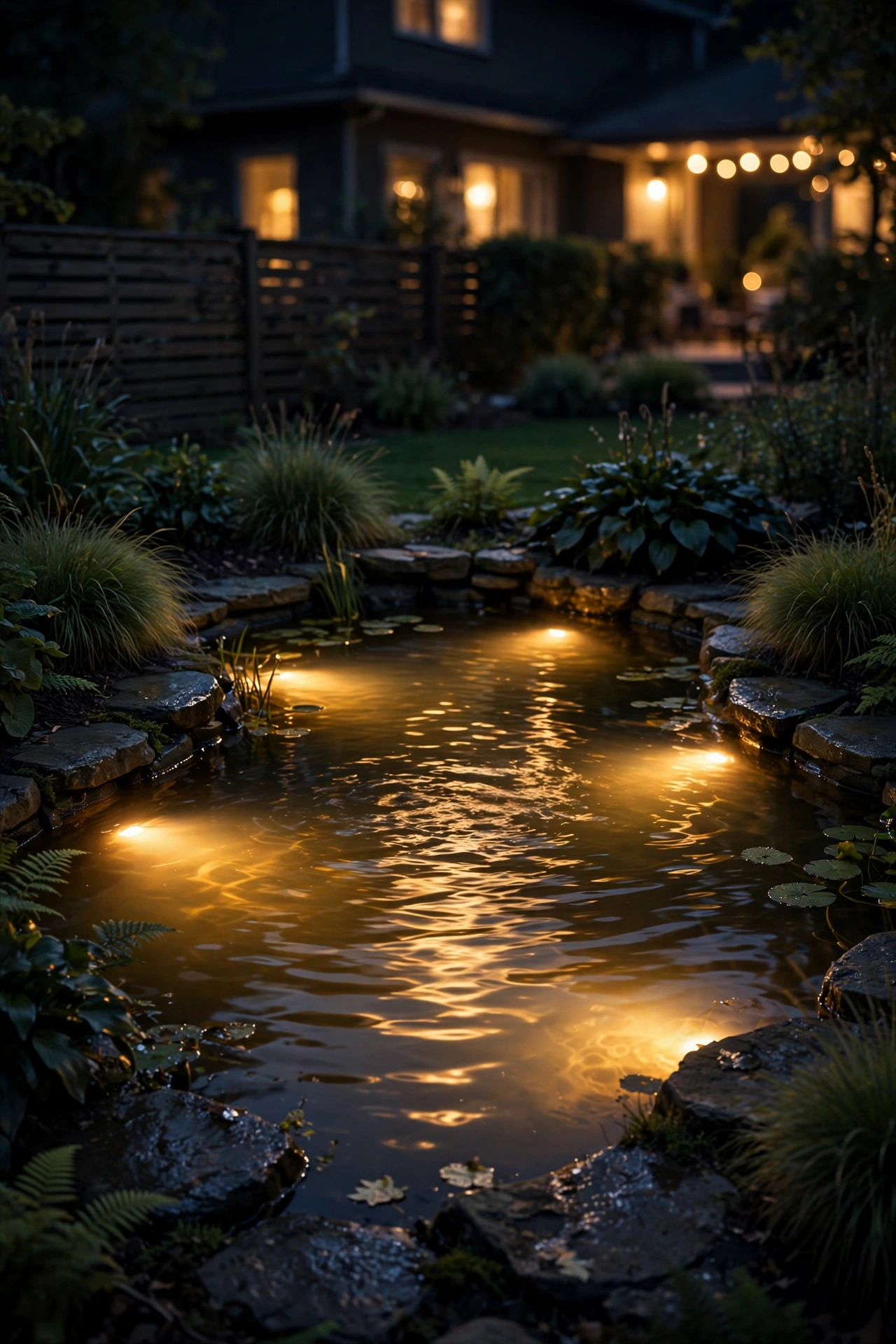 Garden pond glowing from underwater lights with reflections at night