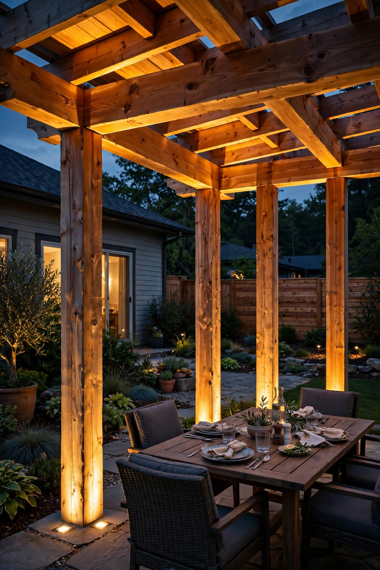In ground well lights landscape uplighting wooden pergola posts, warm glow climbing the structure