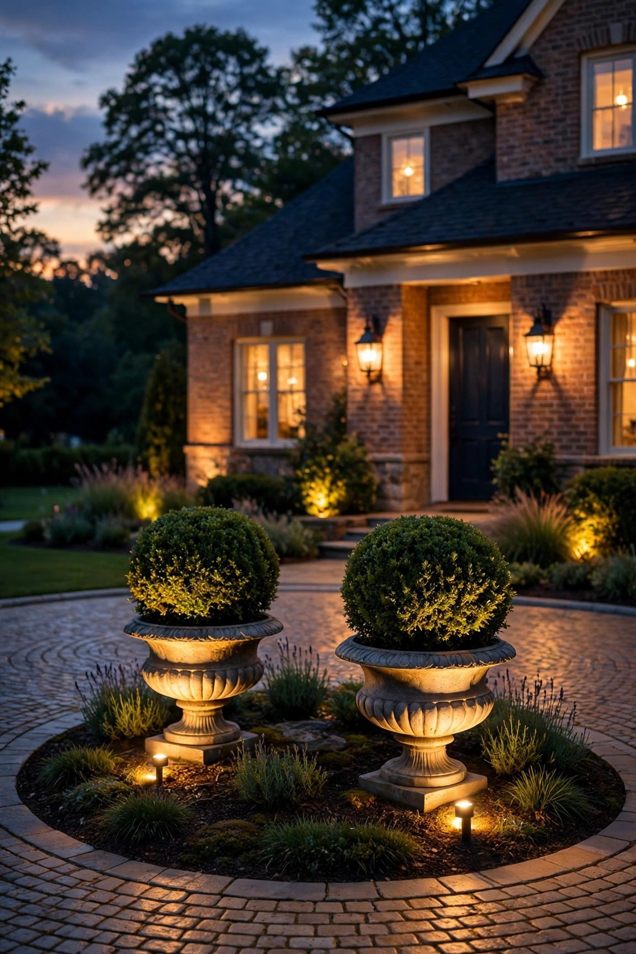 Pair of classic urn planters with rounded shrubs uplighted from below in a circular driveway island at dusk