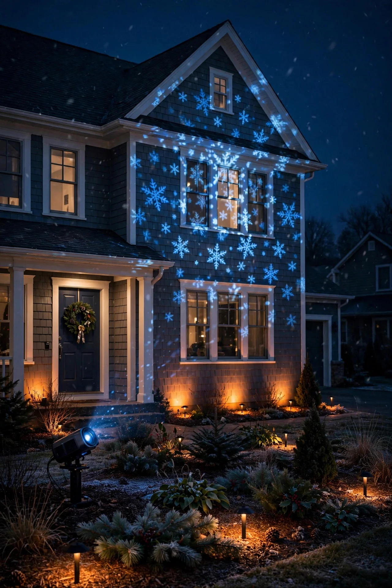 Warm uplights along a house foundation under a cool blue holiday projection