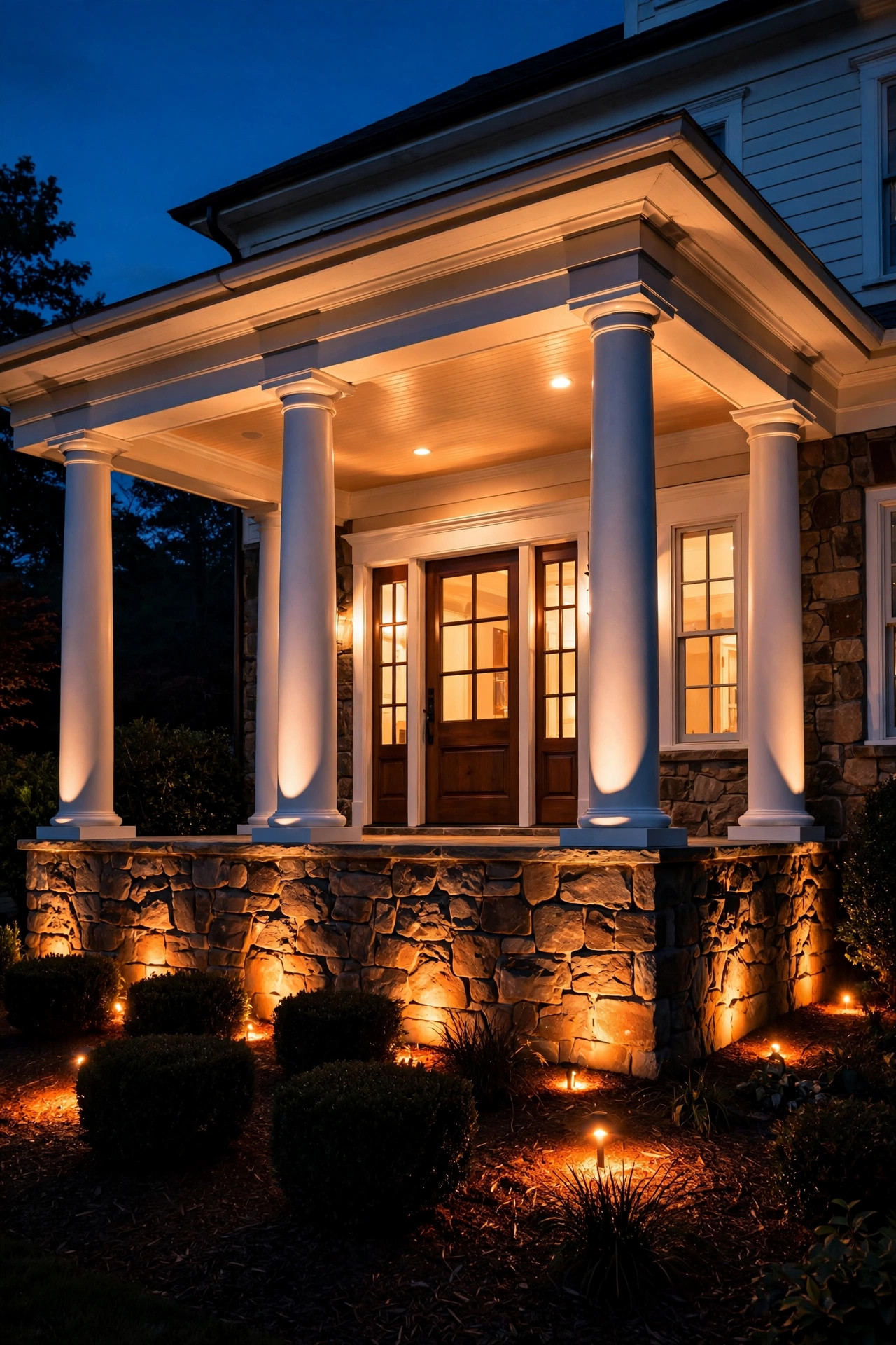 Uplights washing warm light up a front porch facade at night
