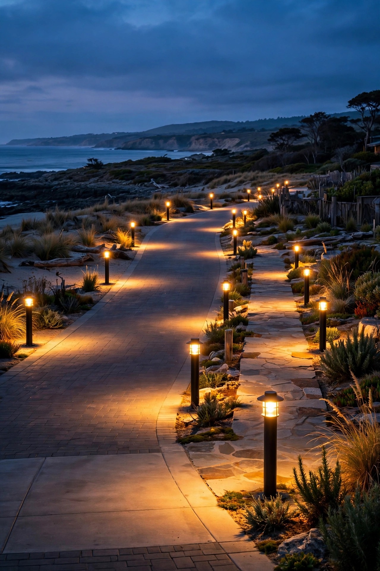 Uniform warm 2700K lighting across a coastal driveway and walkway at dusk with bollards and lanterns all glowing the same golden tone