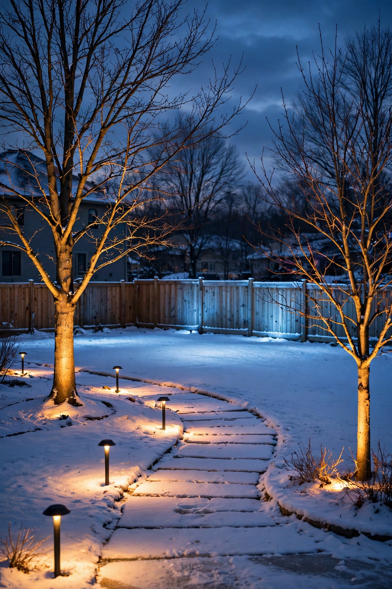 Winter yard combining warm tree uplights with a cool snow wash for layered contrast