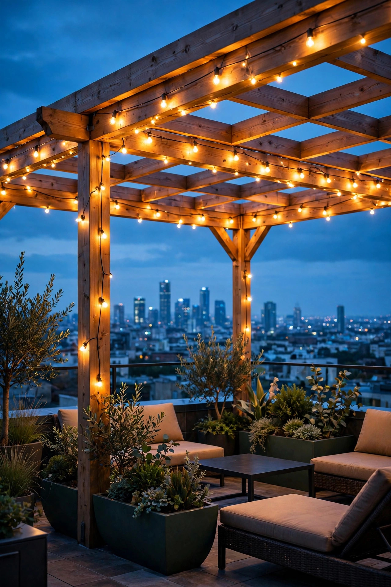 Rooftop pergola glowing in consistent warm 2700K light against a cool blue city skyline
