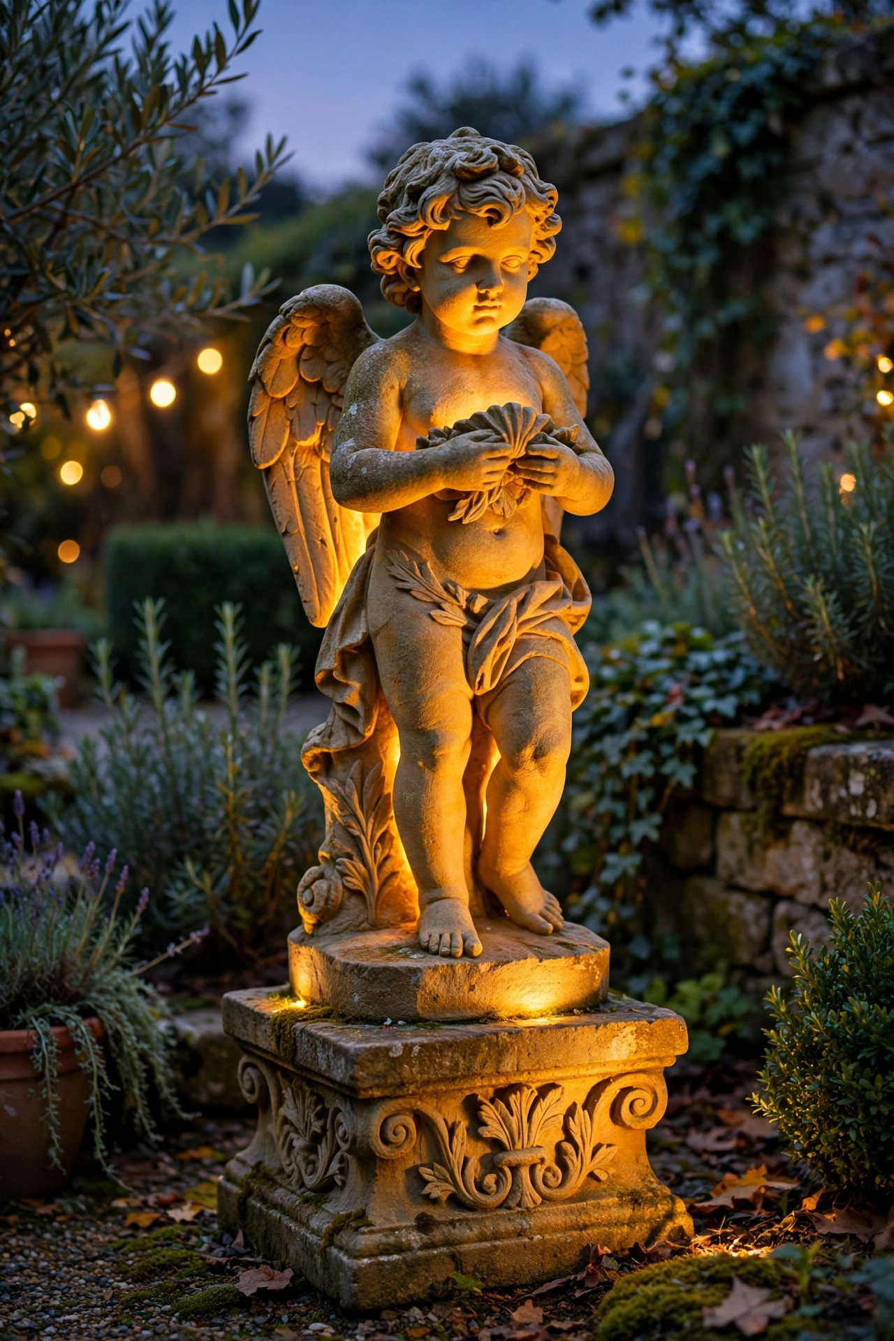 Sandstone garden statue glowing in warm 2700K light showing rich golden tones in the carved stone