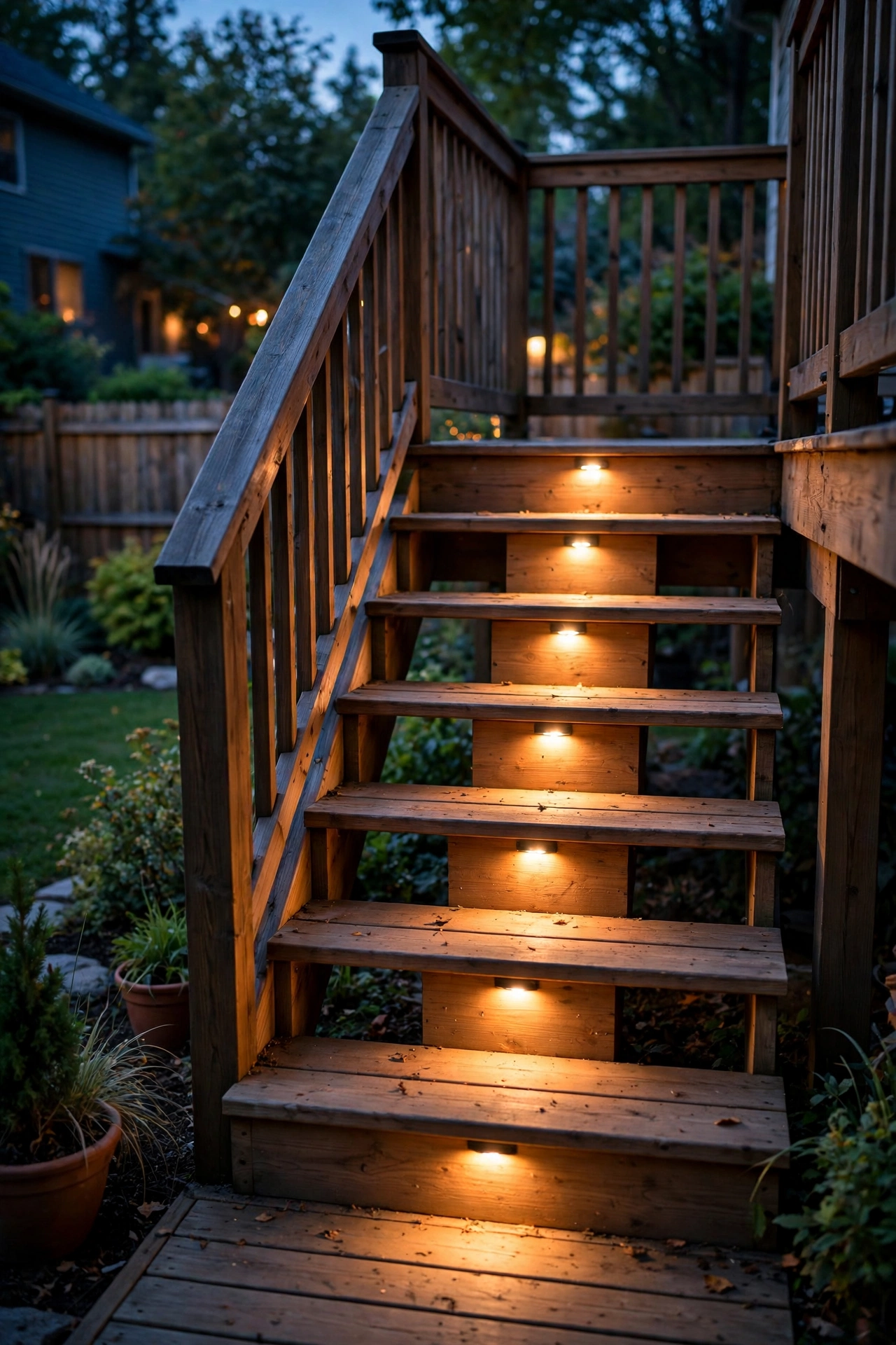 Warm white 2700K deck stair lights glowing on wooden steps
