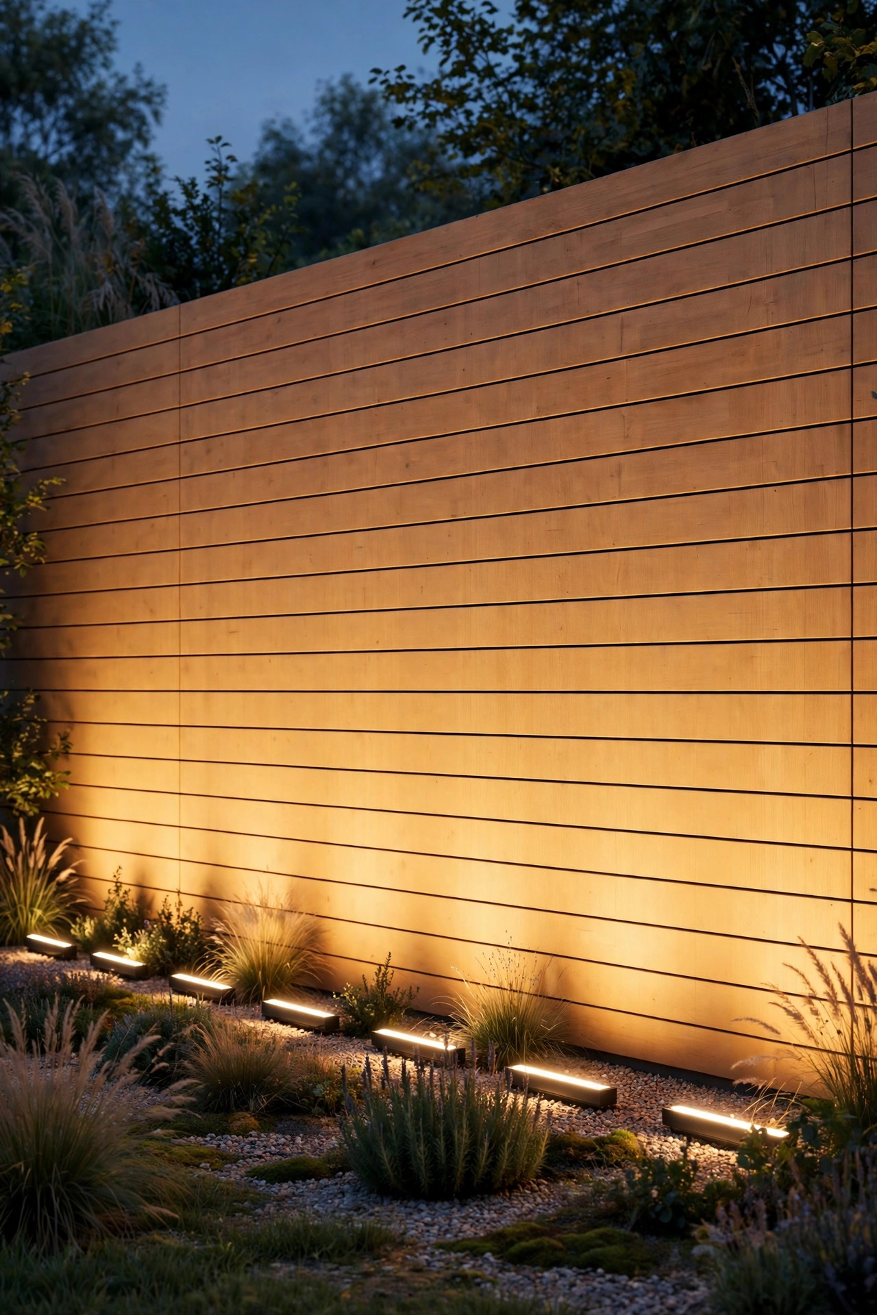 Evenly spaced wash fixtures at measured setbacks creating a seamless sheet of light on a fence