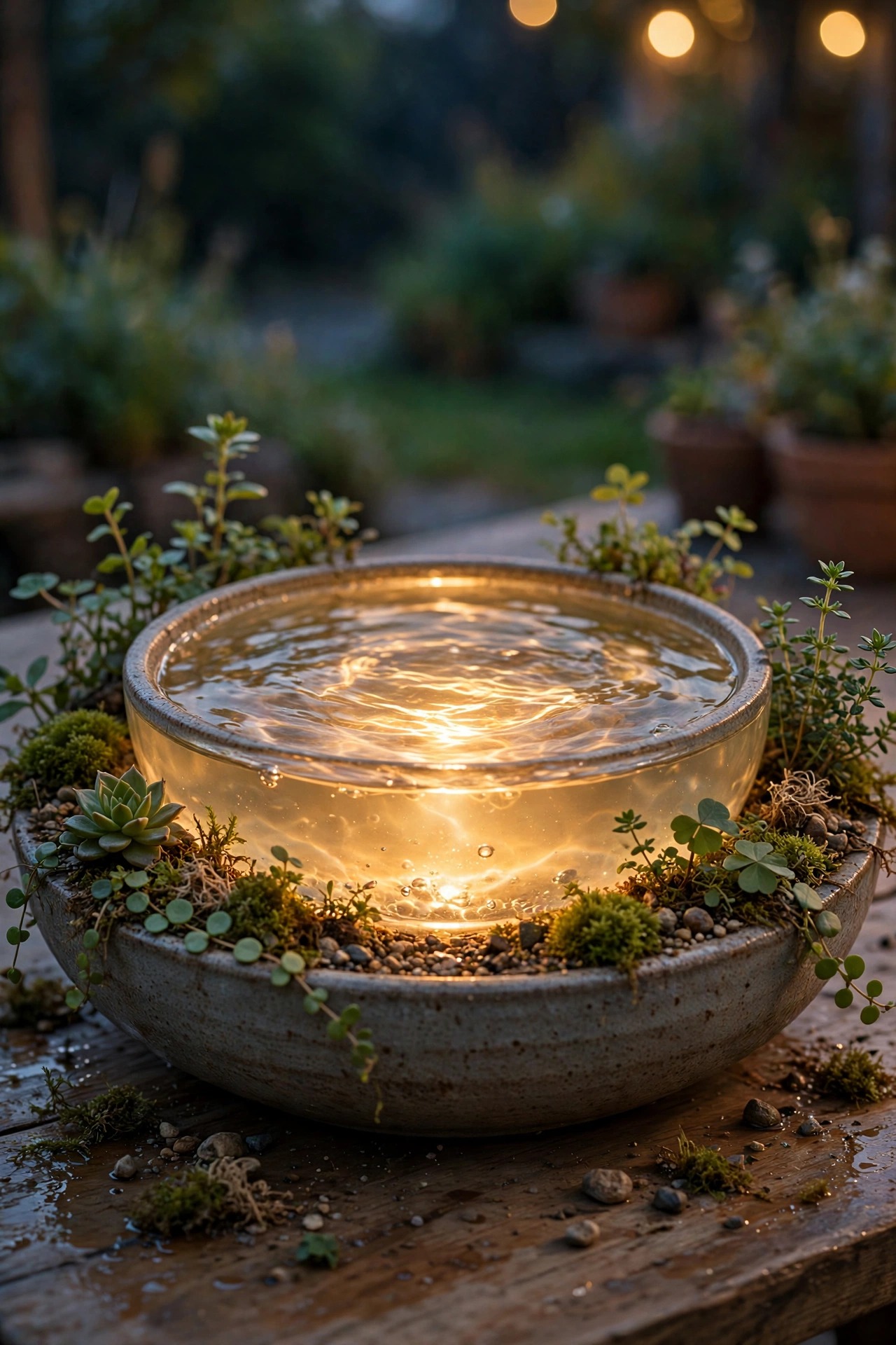 Tabletop water planter bowl with a submersible LED glowing through rippling water surrounded by small plants