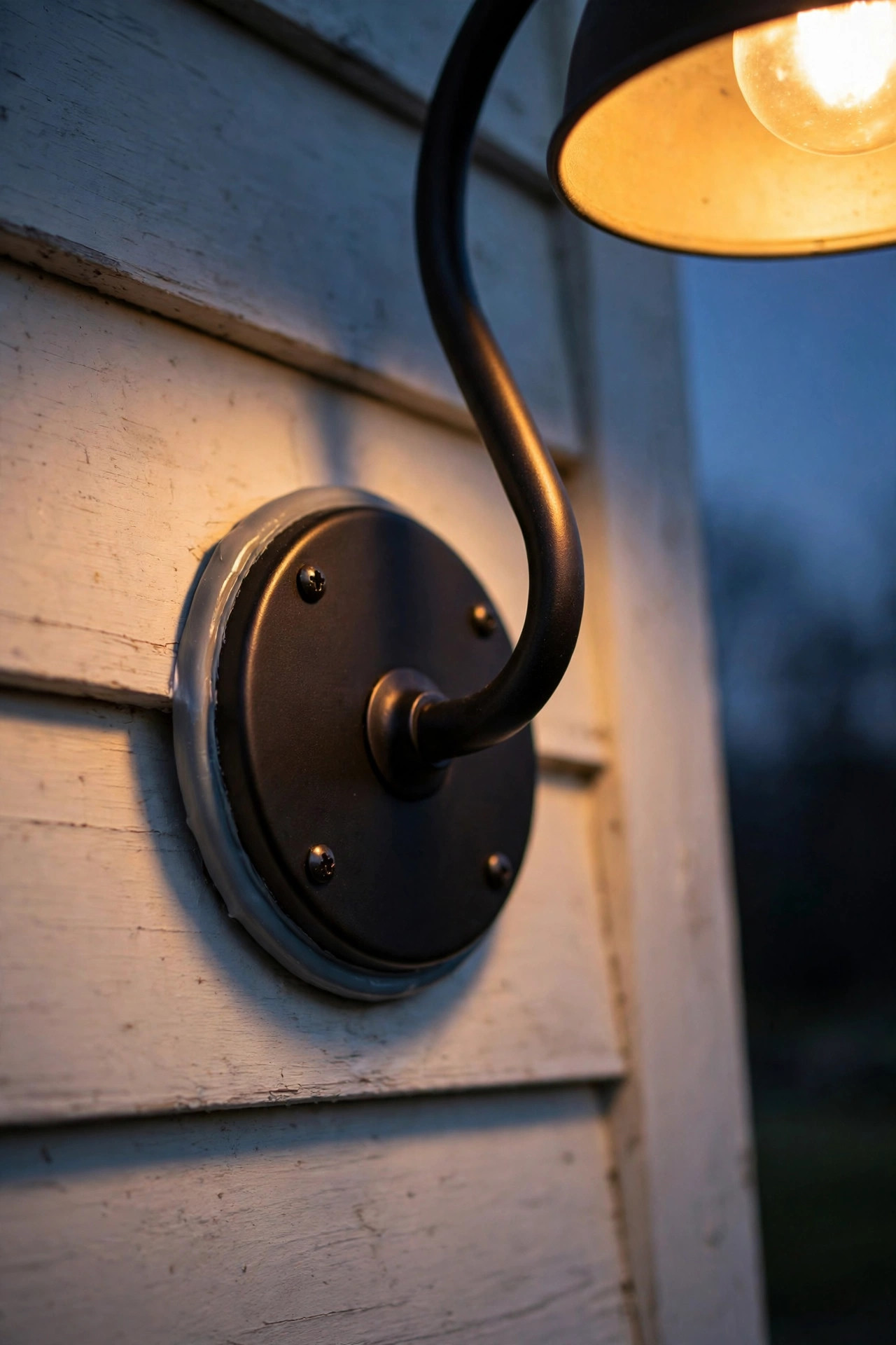 Close-up of a gooseneck barn light mounting plate sealed against a farmhouse wall