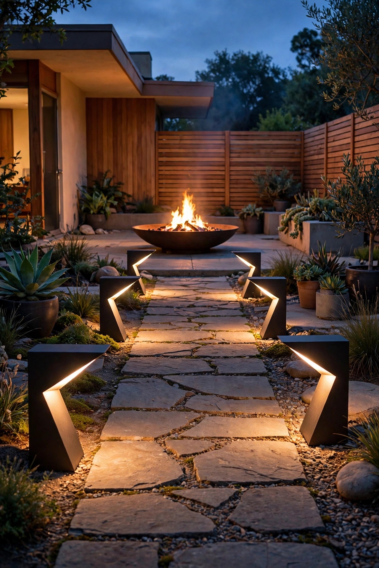 Low angular wedge bollard lights guiding a stone path toward a glowing fire bowl on a mid-century patio at dusk