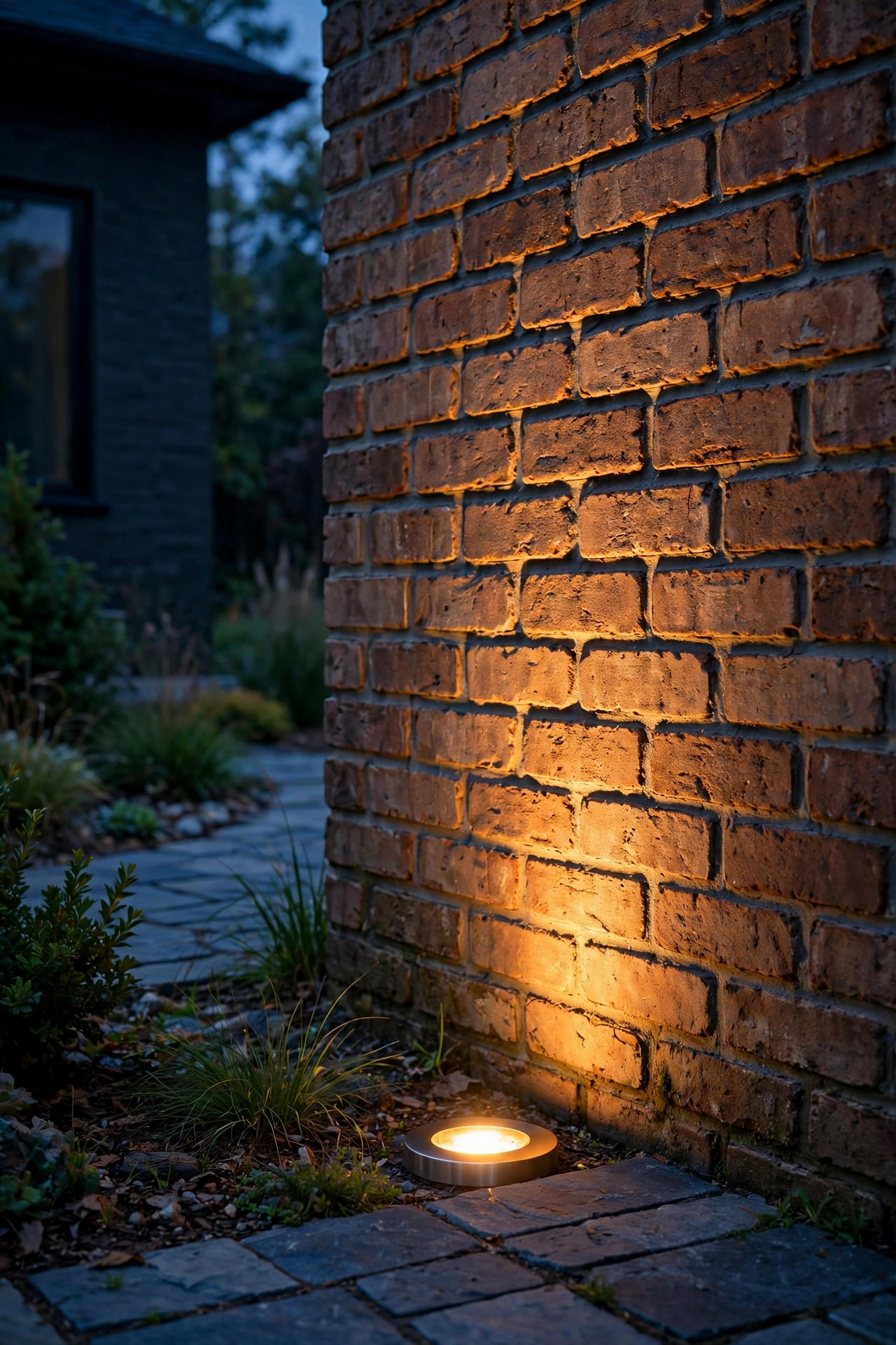 In-ground well light grazing warm light up a textured brick wall beside a walkway