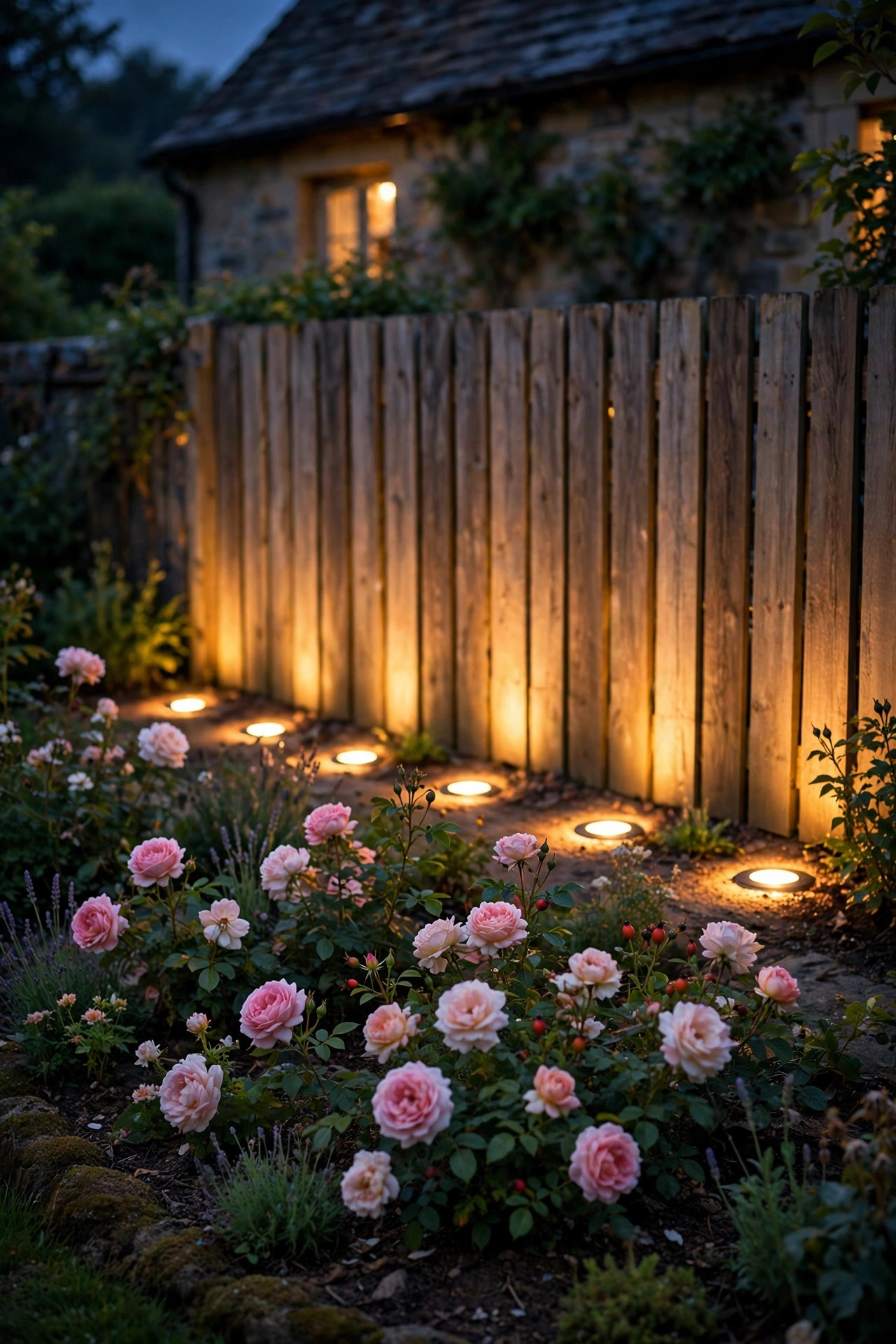 In ground well lights washing warm light up a wooden fence behind a cottage rose bed at night