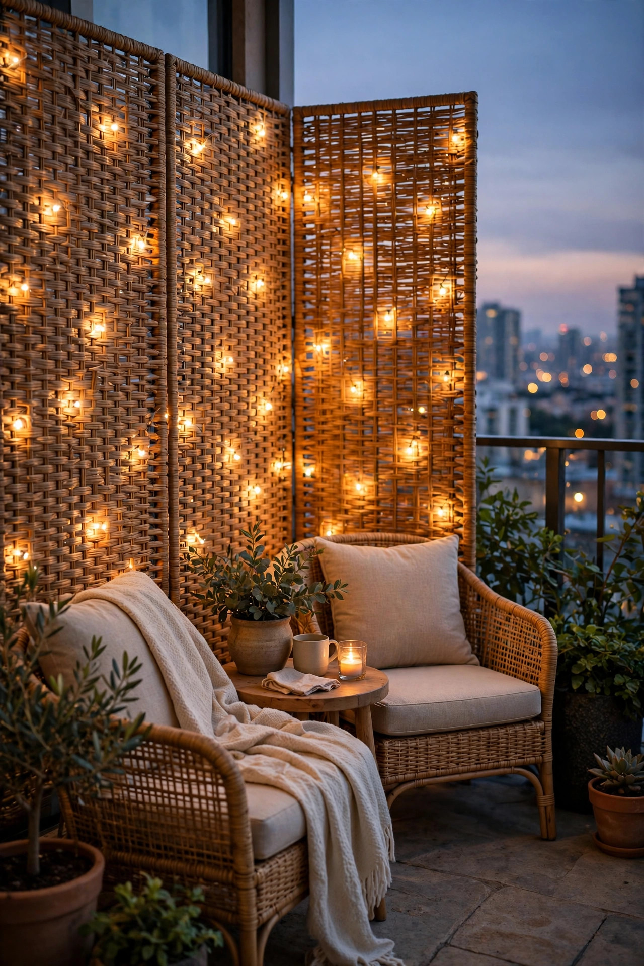 Balcony privacy windbreak screen woven with fairy lights glowing warmly, sheltering a calm seating corner on a high-rise balcony