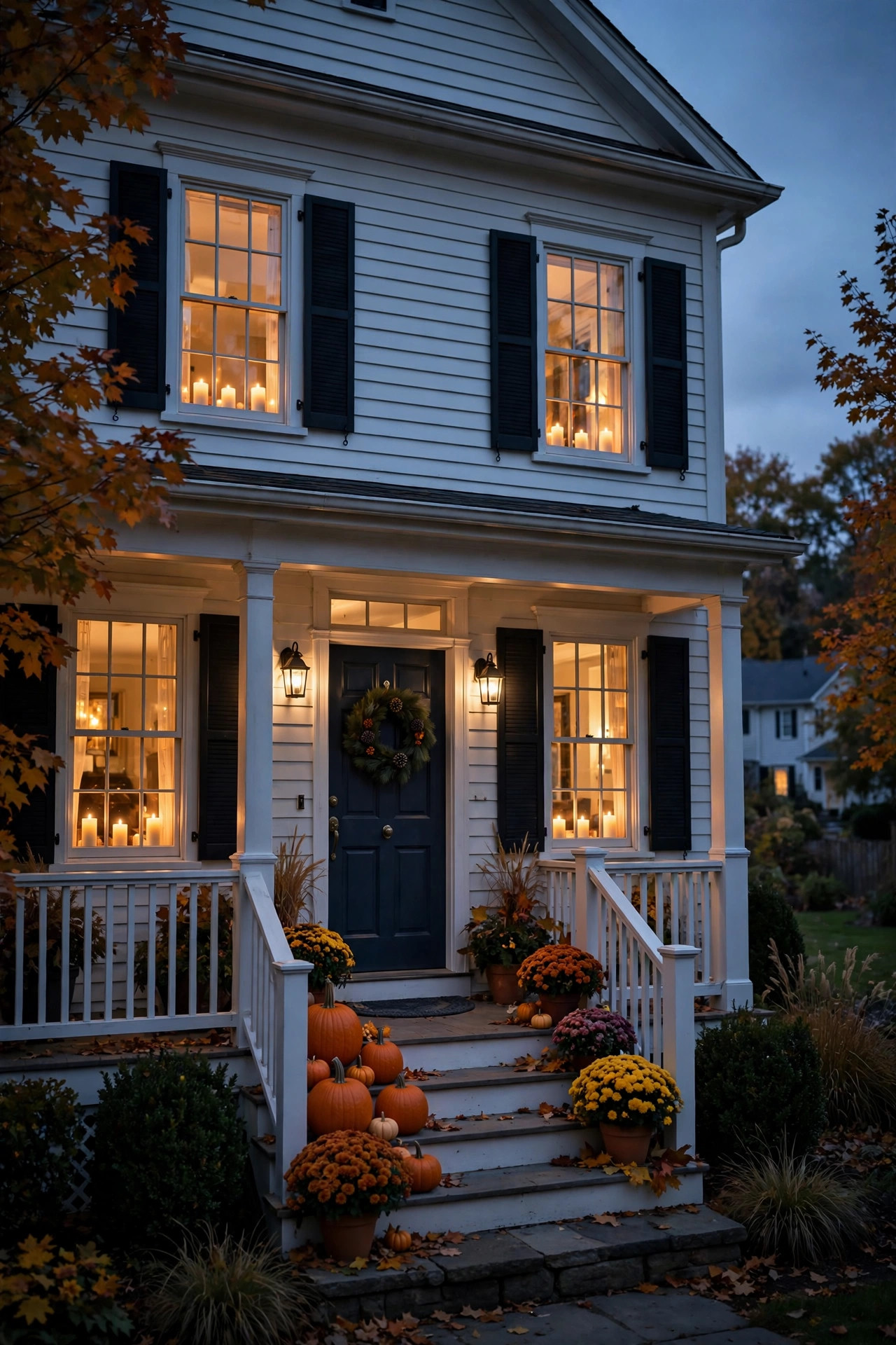 Electric candles glowing in front windows of a house decorated for fall at night