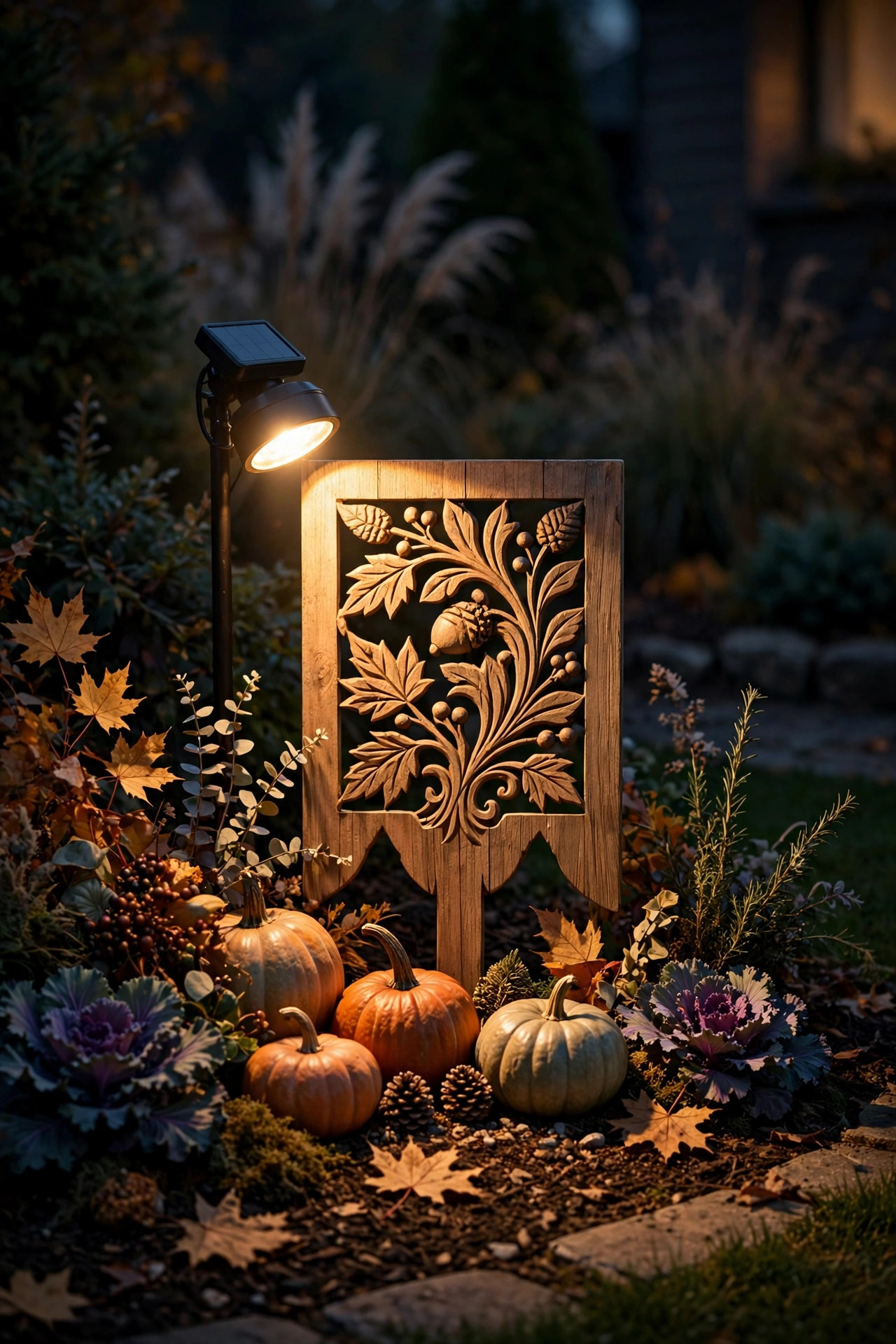 Small solar spotlight illuminating a decorative yard sign and seasonal display after dark