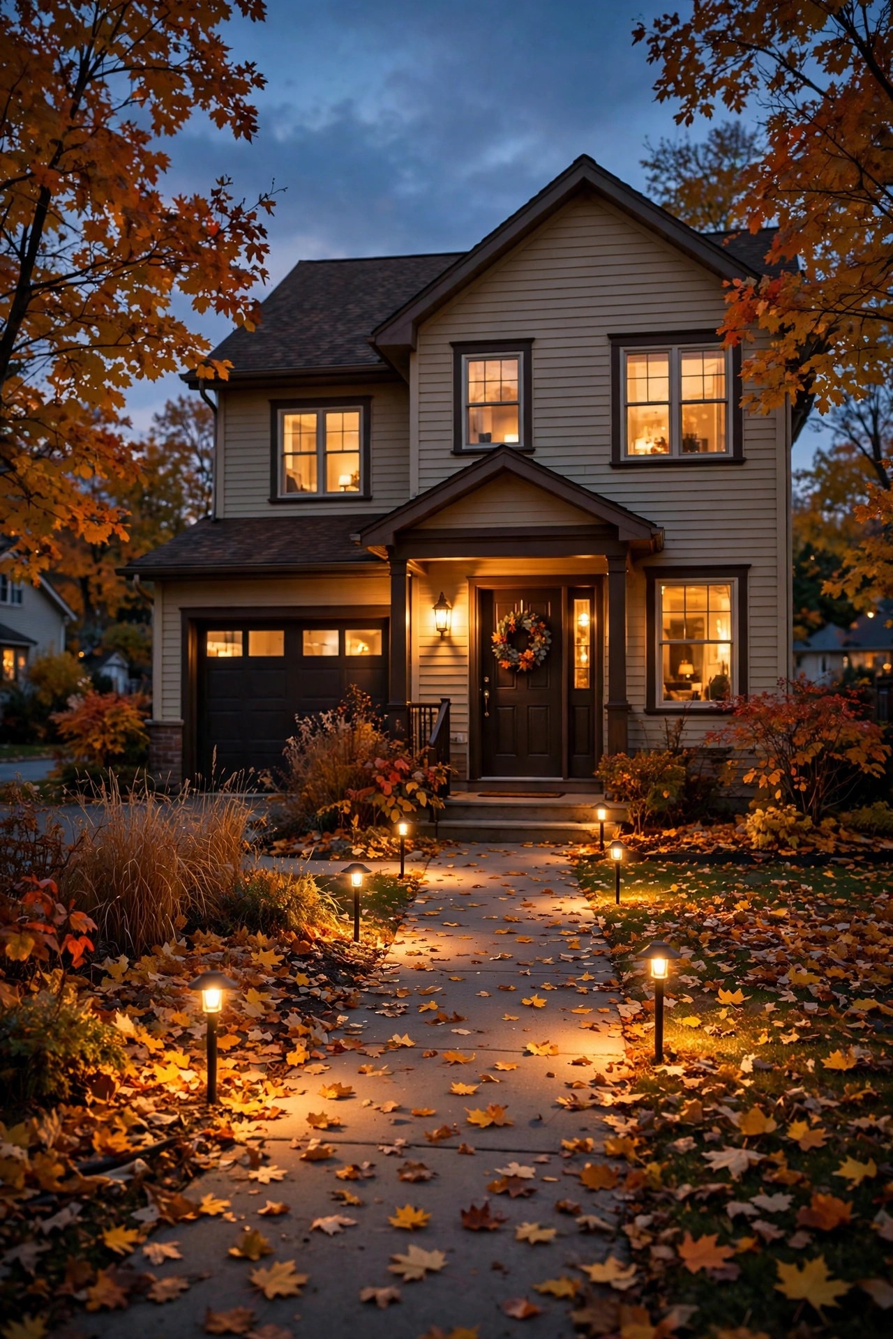 Photorealistic warm dusk autumn view of a suburban home with warm layered lighting, fallen leaves on the walk and glowing path lights